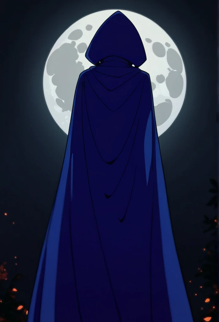 1girl, solo, raven (dc), blue cape covering whole body, long blue cape, cape reaches the ground, standing, moon, night, hood covered head, from behind, form below, High Resolution, Best Quality, Masterpiece, 