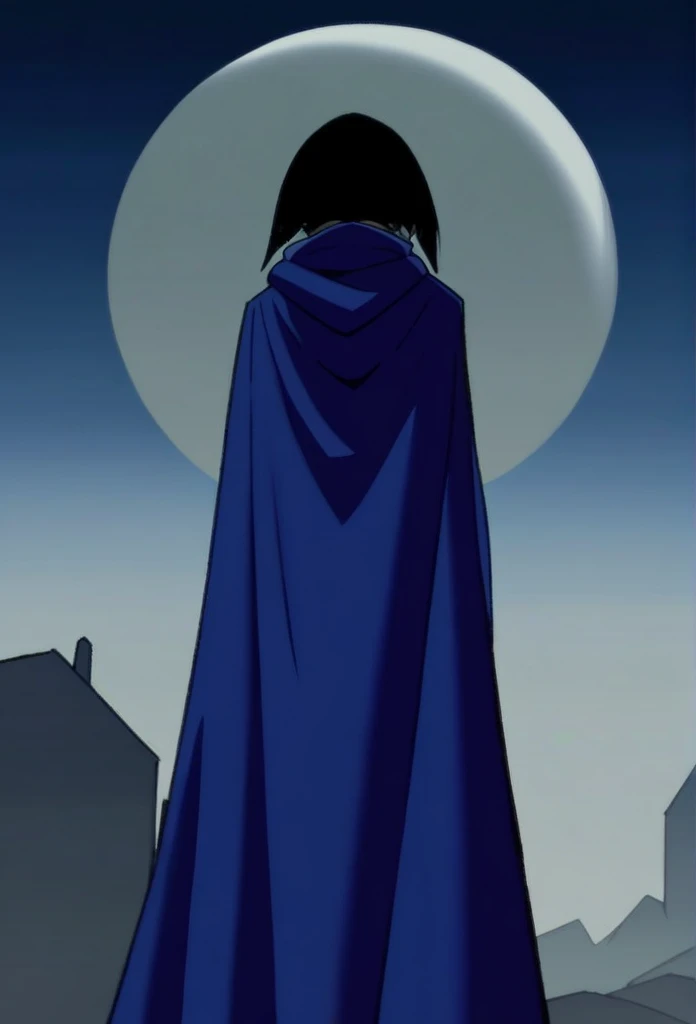 1girl, solo, raven (dc), blue cape covering whole body, long blue cape, cape reaches the ground, standing, moon, night, hood covered head, from behind, form below, High Resolution, Best Quality, Masterpiece, 