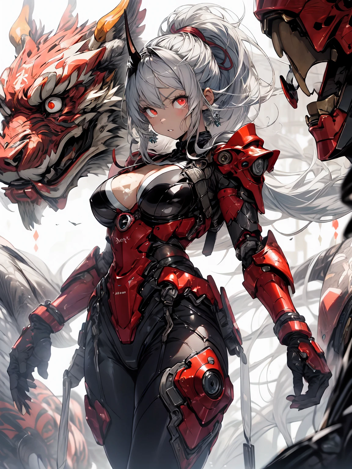 Be realistic、（masterpiece、Best Quality、Best Quality、 very detailed、 fractal art 、Most detailed、（ abstract background：1.5）（1 Girl）、Kamimei、（Silver Hair Ponytail）、（Red eyes glow、Big Breasts、 big cleavage 、Stunned）、abyss、 crystal 、bikini、Sexy、Machine Armor、 sunburned skin from before、Demon Horn、（Plug Suit）、irritated eyes 