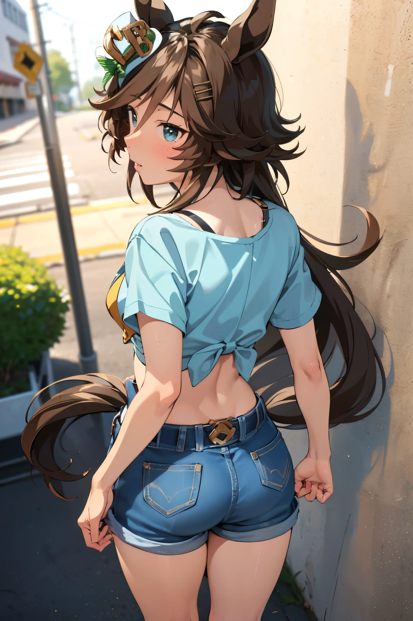 NSFW,masterpiece,Best Quality, Hi-Res, very detailed,mr. c.b. \(Uma Musume\),blush, off-shoulder , Crop Top , shorts,Heeled Sandals,Nightlife,Back Alley,Seduce,Butt