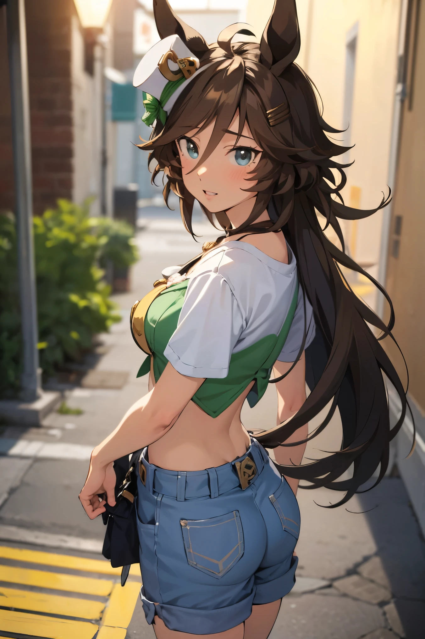 NSFW,masterpiece,Best Quality, Hi-Res, very detailed,mr. c.b. \(Uma Musume\),blush, off-shoulder , Crop Top , shorts,Heeled Sandals,Nightlife,Back Alley,Seduce,Butt