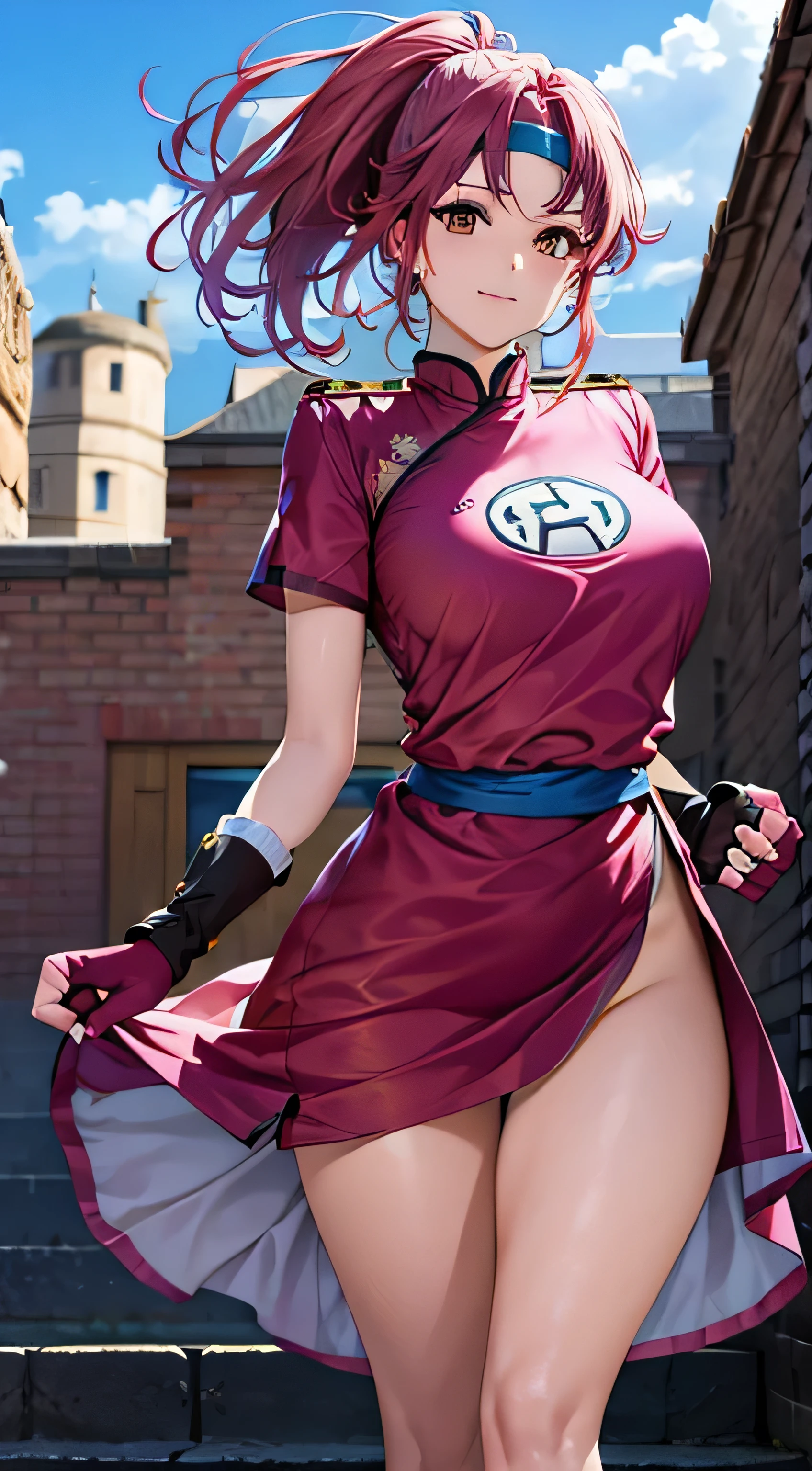 ((masterpiece, Best Quality, Hi-Res, , Perfect Pixel , 4K, ))), 1 woman, single, , Beauty、 and I can see my whole body、 ( Pink Shorthair ),( bangs, ), (( beautiful eyes, beautiful lashes, Real Eyes )), (( detail face , )), (( smooth texture:0.75, Realistic texture:0.65, photorealistic:1.1, anime CG style)), medium chest, dynamic angle, perfect body, maam、((、 headband、 Long China Dress, pink tabert 、 short sleeve,sash,Fingerless gloves,Beautiful legs, Clenched Fist ))、Prairie with Castle View 、、、 slouching forward、Arms to chest pose、 very embarrassing panic smile 、Looking up、 behind a large school building、 angle from below 、 、 ( The wind rolled up the skirt、To kick、Lace panties are visible、、、)、