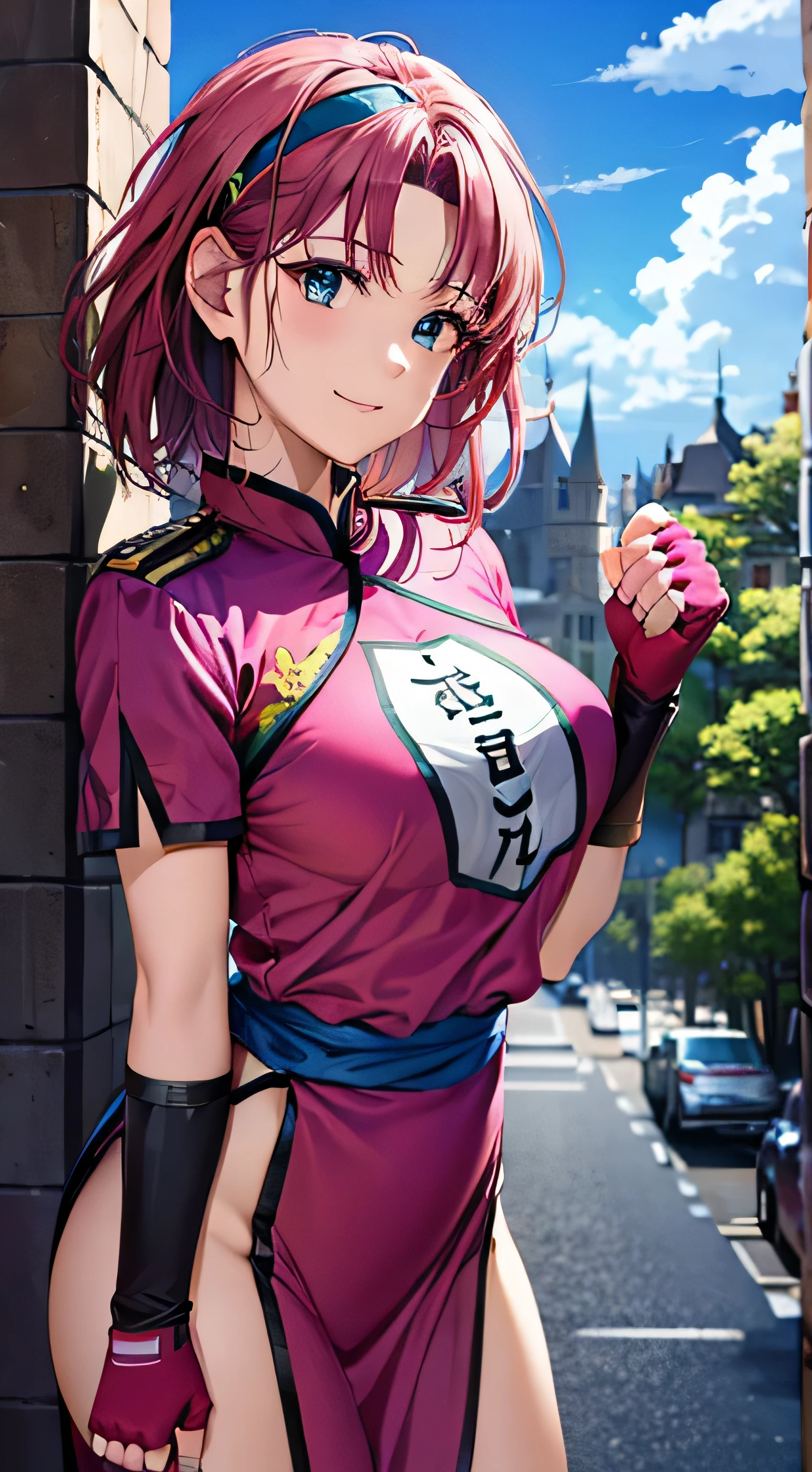 ((masterpiece, Best Quality, Hi-Res, , Perfect Pixel , 4K, ))), 1 woman, single, , Beauty、 and I can see my whole body、 ( Pink Shorthair ),( bangs, ), (( beautiful eyes, beautiful lashes, Real Eyes )), (( detail face , )), (( smooth texture:0.75, Realistic texture:0.65, photorealistic:1.1, anime CG style)), medium chest, dynamic angle, perfect body, maam、((、 headband、 Long China Dress, pink tabert 、 short sleeve,sash,Fingerless gloves,Beautiful legs, Clenched Fist ))、Prairie with Castle View 、、、 slouching forward、Arms to chest pose、 very embarrassing panic smile 、Looking up、 behind a large school building、 angle from below 、 、 ( The wind rolled up the skirt、To kick、Lace panties are visible、、、)、