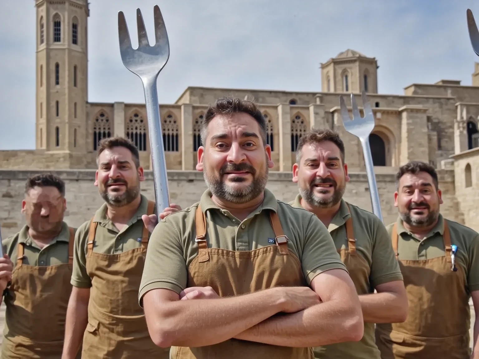 A hyper-realistic, cinematic scene depicting an army of men in front of the Seu Vella Cathedral, all wearing bibs and holding massive forks. At the front, a man with a confident smile and crossed arms looks directly at the camera. The scene is rich with details, from the ornate architecture of the cathedral to the varied expressions and textures on each bib and fork, creating a powerful, immersive atmosphere.
