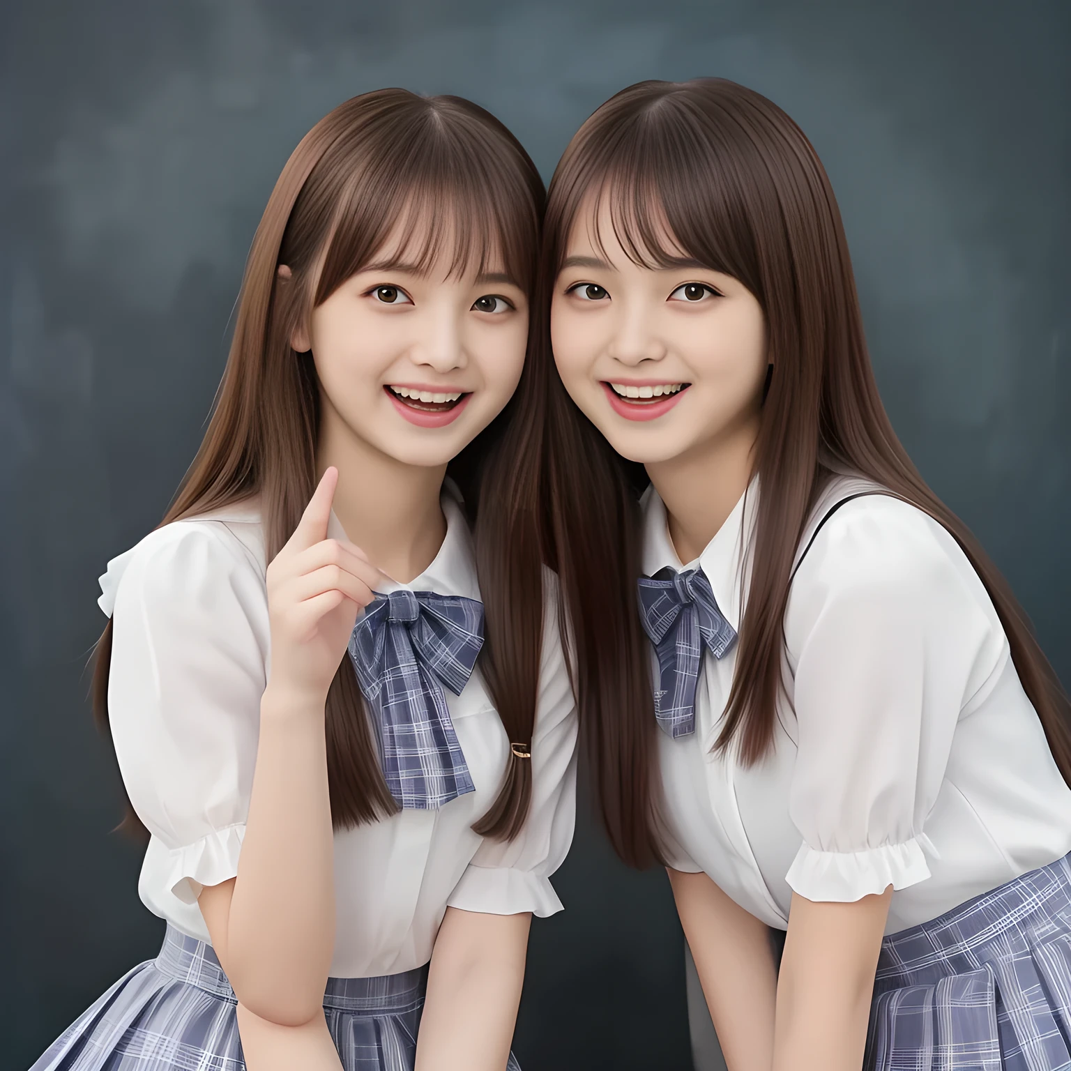 (Highest quality, masterpiece:1.2), Highest quality, High resolution, 1080P, 8k, height: 158cm, (Two yo Japanese beautiful girl idols are seated and kissing on hands together, facing each other, cute skirt with beautiful knees, looking at the viewer, can't stop showing cute smile open mouth because of feeling too funny about the viewer, very white-white face, very proud of her long straight black hair, using face-whitening cosmetics, 13 girl's prominent eyes, opened laughing giggling most open mouth, too expensive luxurious glossy too-much-girly erotic frilled ivory silk blouse, woolen navy-checkered large-box-pleats school-skirt and bewitching ribbon on the breast, well-straitened super-super-long well-trimmed long hair, evenly neatly trimmed girly cute bangs: 1.5), (white thighs and knees: 1.7), (Well-balanced, impressive, lovely, drooping, double-eyelids, black shining large prominent eyes of 13yodol with detailed: 1.5), ((Beautiful well-figured glossy opened laughing lips: 1.2)), (mature breast), (Girl whom everyone loves because of her beauty and beautiful eyes and lovely fashion and noble manner), (Very beautiful, super-glossy, cute neat black amazingly long hair, straight well-done long hair-style: 1.3), (plain blue background: 1.6), (Best style like a 14yo fhion model, mature breast), (((Completely balanced beautiful big big eyes, looking at me))), (eyes, face and hair are especially beautifully detailed and beautifully drawn: 1.5), (Satisfactory best shot by professional famous photographer for school girl's beauty: 1.5), (The soft white light clearly shows her face extremely white: 1.2), (Feel too luxurious and expensive, girly frilled), (School uniform, too-cute slender 13yo super-long-hair Japanese beautiful-young-girl idol twins, Super long hair 13yo super-beautiful super-cute 13yo idol of pure girls photo magazine in Japan are laughing and licking the other's hand each other with super-wide open open laughing mouth like eating the viewer: 2.0)