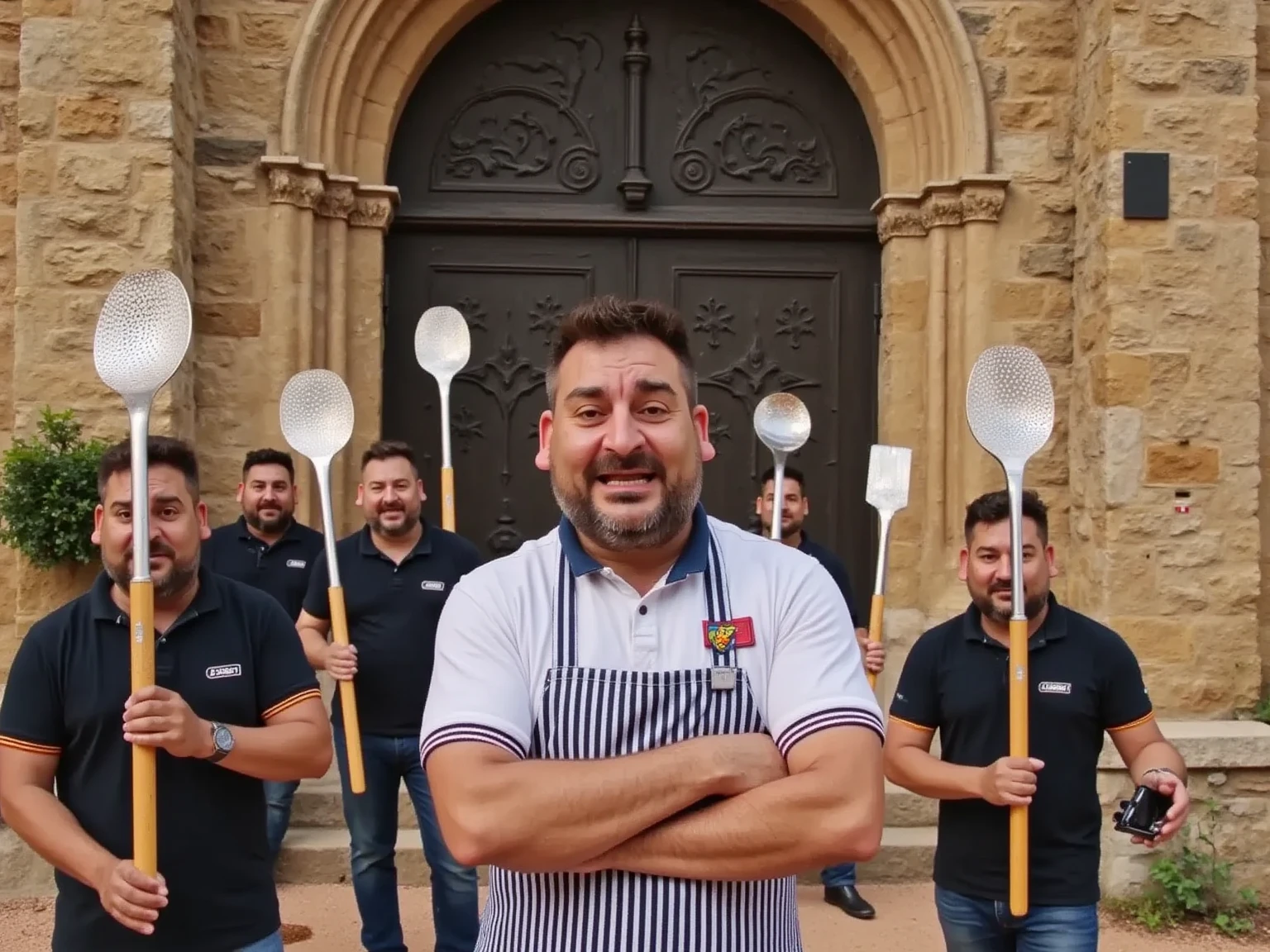 A highly detailed, cinematic image of a group of men in front of the Seu Vella Cathedral, all wearing bibs and holding giant forks. At the forefront, one man stands with crossed arms, smiling at the camera, positioned as the focal point. The scene captures the rich architecture of the cathedral, the realistic details on the forks and bibs, and a dynamic composition with immersive lighting and textures.
