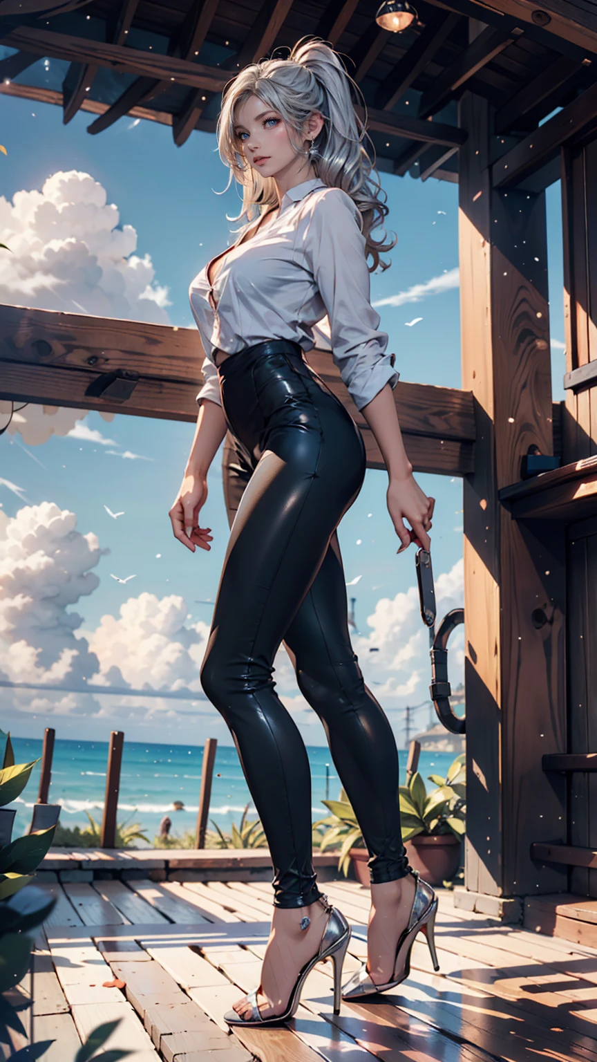 best qualtiy、A thriller masterpiece,High-gloss dark style,The back of a woman in rags,Black-white-gray drawing,Desperate visual impact,london,Mirror inversion,ripped jeans(blue colors),Buttocks close up,zippers,angry look,Big round ass,cold shades,Camel hooves,Bare back