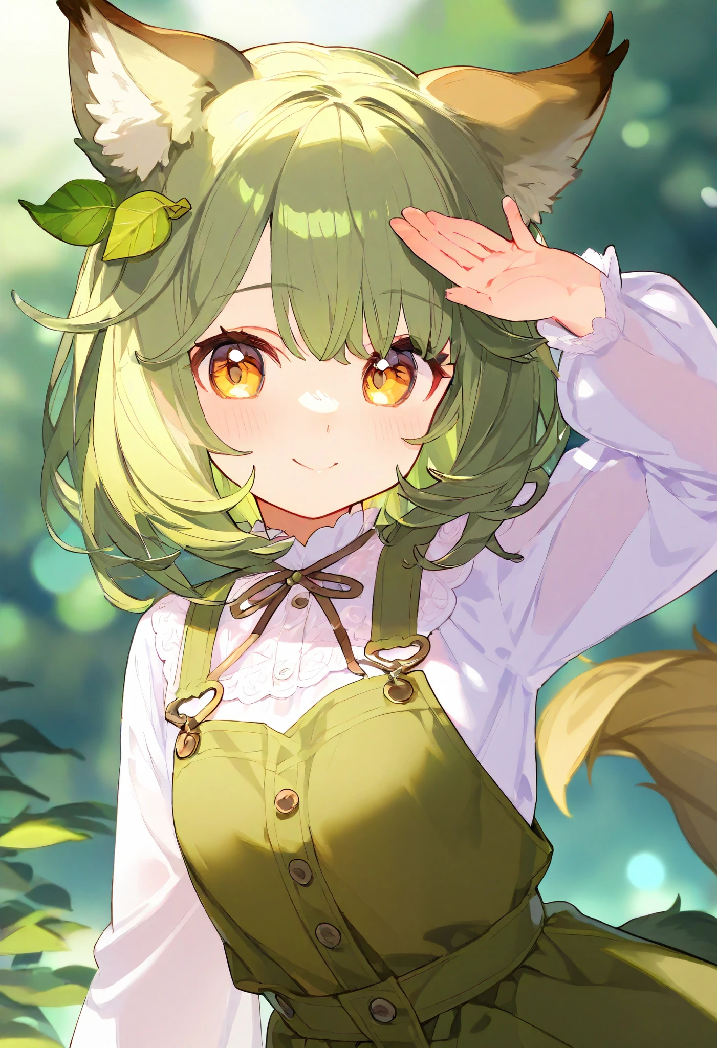 masterpiece, best quality, ultra-detailed illustration of a young girl with vibrant green hair styled in playful waves, her hair includes two leaf-like ears and a long, curled vine-like tail, she is dressed in a light, airy white blouse with puffed sleeves, and green overalls featuring large pink buttons, her expression is lively and full of energy, her golden eyes gleam with a mischievous joy as she gazes towards the viewer, the background is softly blurred, giving focus to her joyful expression and unique plant-like features, the soft lighting and shading bring out the intricate details of her hair, outfit, and the playful pose, creating a warm and inviting illustration that highlights her whimsical design.