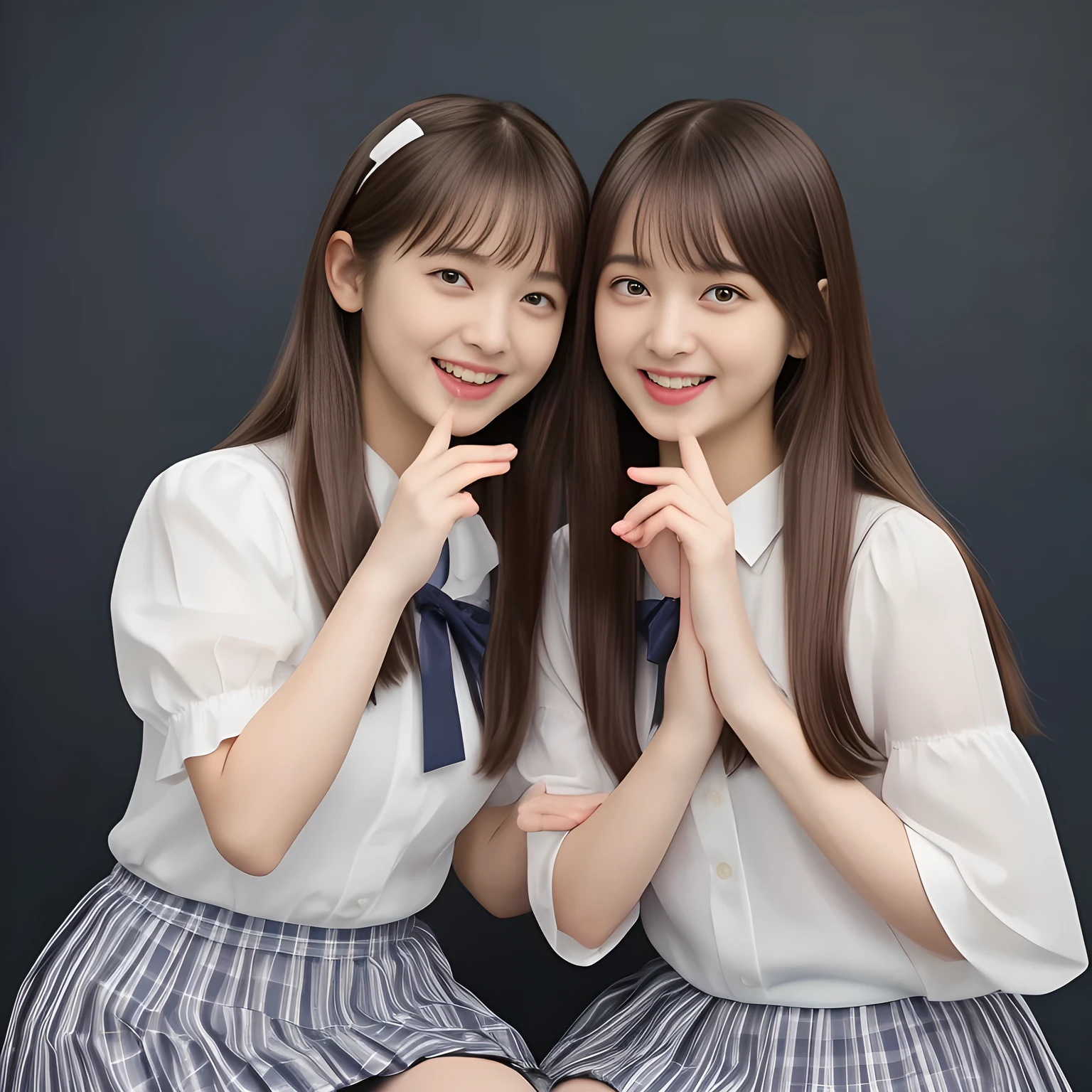 (Highest quality, masterpiece:1.2), Highest quality, High resolution, 1080P, 8k, height: 158cm, (Two yo Japanese beautiful girl idols are seated and kissing on hands together, facing each other, cute skirt with beautiful knees, looking at the viewer, can't stop showing cute smile open mouth because of feeling too funny about the viewer, very white-white face, very proud of her long straight black hair, using face-whitening cosmetics, 13 girl's prominent eyes, opened laughing giggling most open mouth, too expensive luxurious glossy too-much-girly erotic frilled ivory silk blouse, woolen navy-checkered large-box-pleats school-skirt and bewitching ribbon on the breast, well-straitened super-super-long well-trimmed long hair, evenly neatly trimmed girly cute bangs: 1.5), (white thighs and knees: 1.7), (Well-balanced, impressive, lovely, drooping, double-eyelids, black shining large prominent eyes of 13yodol with detailed: 1.5), ((Beautiful well-figured glossy opened laughing lips: 1.2)), (mature breast), (Girl whom everyone loves because of her beauty and beautiful eyes and lovely fashion and noble manner), (Very beautiful, super-glossy, cute neat black amazingly long hair, straight well-done long hair-style: 1.3), (plain blue background: 1.6), (Best style like a 14yo fhion model, mature breast), (((Completely balanced beautiful big big eyes, looking at me))), (eyes, face and hair are especially beautifully detailed and beautifully drawn: 1.5), (Satisfactory best shot by professional famous photographer for school girl's beauty: 1.5), (The soft white light clearly shows her face extremely white: 1.2), (Feel too luxurious and expensive, girly frilled), (School uniform, too-cute slender 13yo super-long-hair Japanese beautiful-young-girl idol twins, Super long hair 13yo super-beautiful super-cute 13yo idol of pure girls photo magazine in Japan are laughing and licking the other's hand each other with super-wide open open laughing mouth like eating the viewer: 2.0)