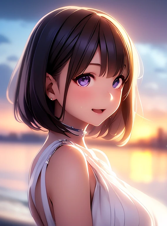   Hi-Res ,In 8K, best quality, Details,Semi-realistic anime, D-anime style, smooth animated CG, one girl , 19-year-old Japanese woman, very cute ,slim,modeling,((Sparkling Eyes)),(( very short hair)),(( short bob)),(Maroon Glowing Hair ), pink lips, Shiny brown hair, Detailsな顔,Beautiful and  Details,,((深い青紫色のSparkling Eyes)),(Open your mouth),(Laughter),(( beautiful silhouette )),(( super multiple exposure effect where the background can be seen through clothes))、((No bangs))、((hair intakes)),(forehead),(In the waves of the morning sun shining light ),((Transparency)),Light black dress , multi-layered outfits , (非常に Detailsなエレガントな),  Magical Colors and Vibes ,