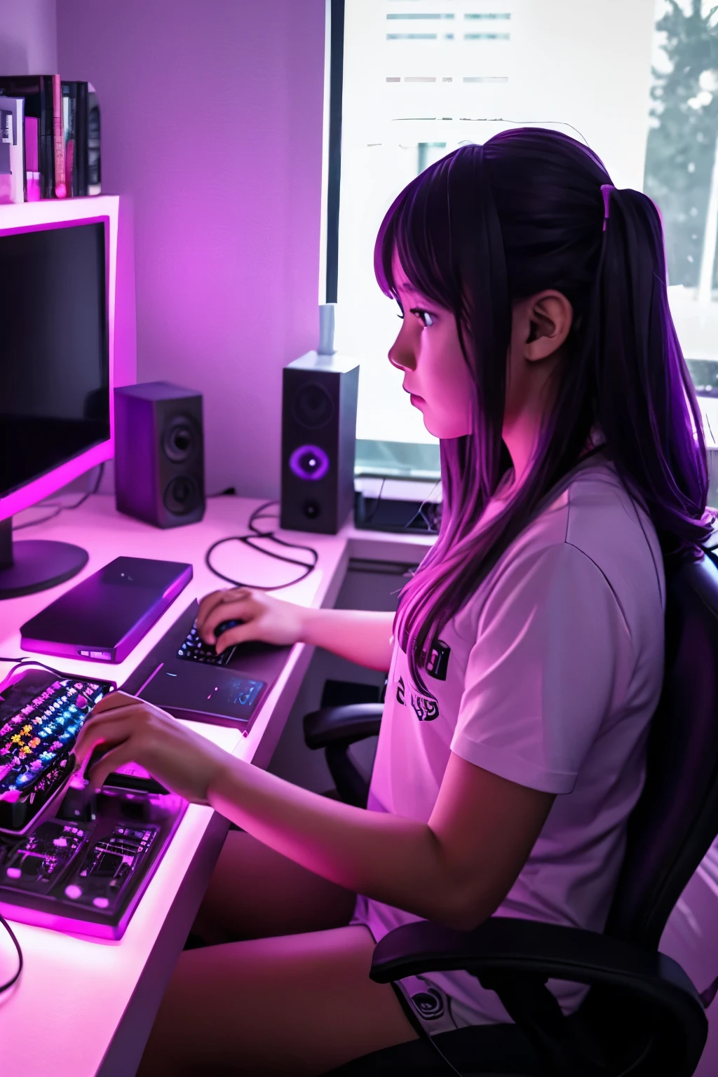 girl, dressed casually,  in front of the computer  , streaming , IN HER ROOM DECORATED GAMER STYLE WITH PURPLE LED LIGHTS, the girl is looking at the screen