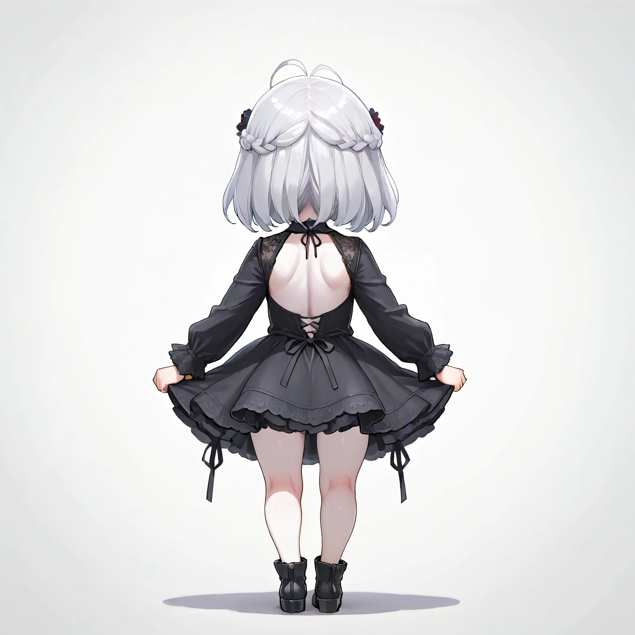 masterpiece, best quality, 8k, highres, ultra-detailed, HDR, UHD, chibi,1girl,full body((back shot,back view)),Transparent white skin,silver hair color, side bang hair, layered bob hair, braid, black dress,((perfect white background))