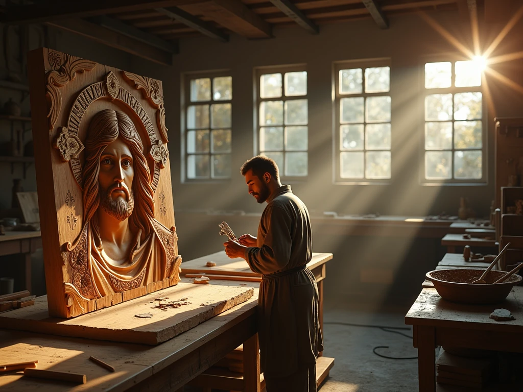A young man(paintar )seriously explaining Jesus on the Cross image