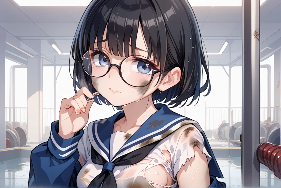 Lesbian、Sailor suit、Glasses、Pleated skirt、Hold out panties with both hands、(To pee:1.8)Panties as a gift、Nipples、Sailor suit、Pleated skirt、Nipples