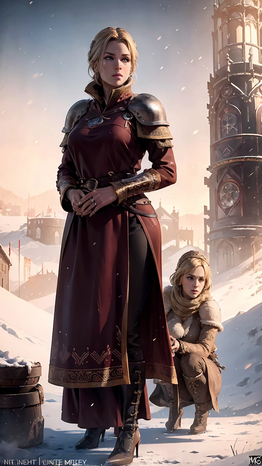 frostpunk, Lena Headey as Cersei Lannister, blonde hair bun, make-up, long maroon fur coat, high heels, earrings, rings, standing in the frozen garden, 1woman, solo, beautiful detailed glow, detailed, cinematic light, intricate detail, realistic, highres, detailed facial features, high detail, sharp focus, smooth, aesthetic, extremely detailed, stamp, octane render