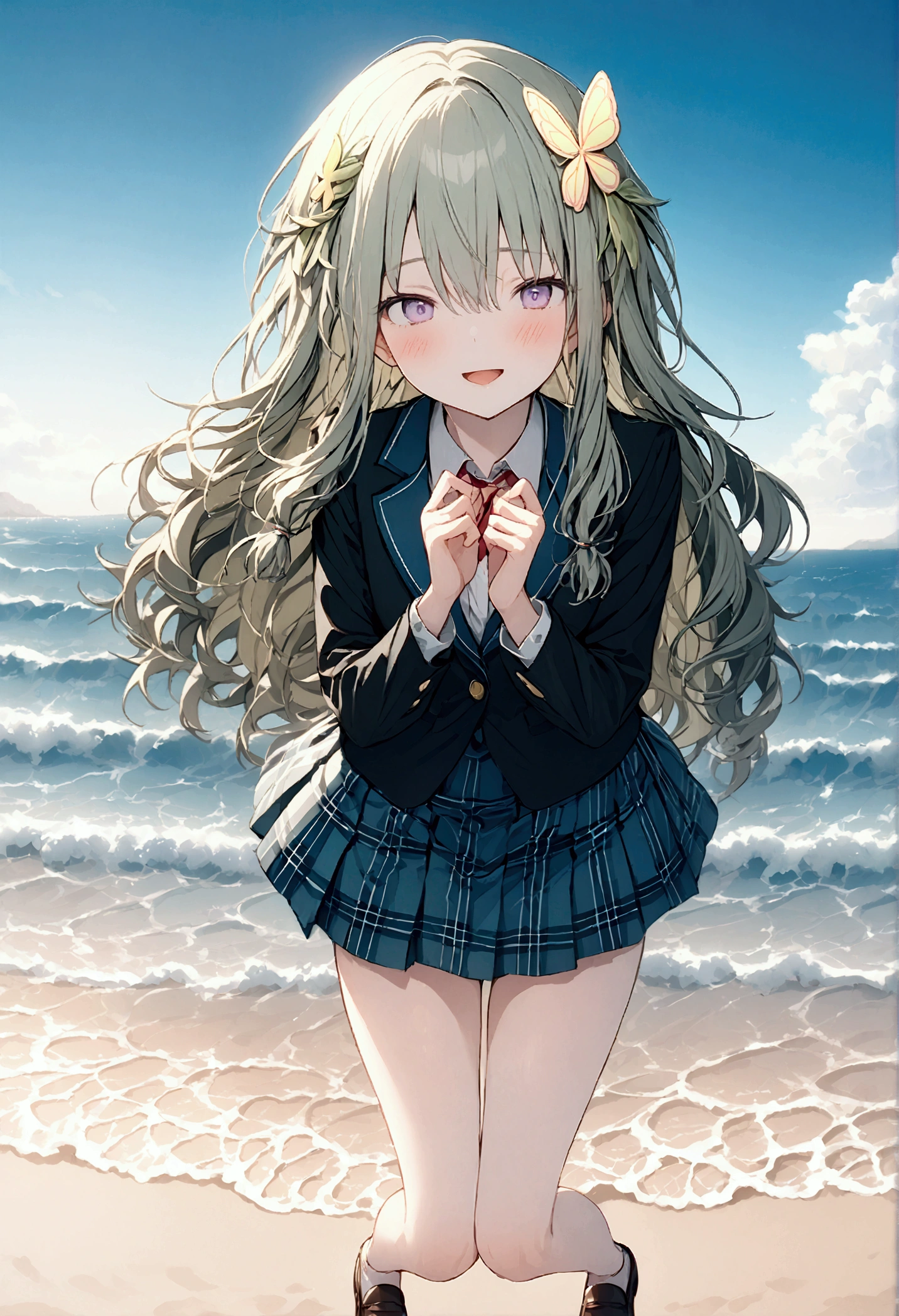 High image quality 、masterpiece、 High Quality  、Full HD、4K 、Depict only one girl、Kusanagi Nin々、Green long hair 、Yellow butterfly hair ornament、 purple eyes、slim、 high school uniform 、 smile、Blushing cheeks、  put both hands forward、Red  on cheeks、 flat chest、Stretch your legs and show me 、 wearing black loafers、 skirt swings 、An empty beach、Dancing alone、 open your mouth、Singing、blue sky、Blue Sea