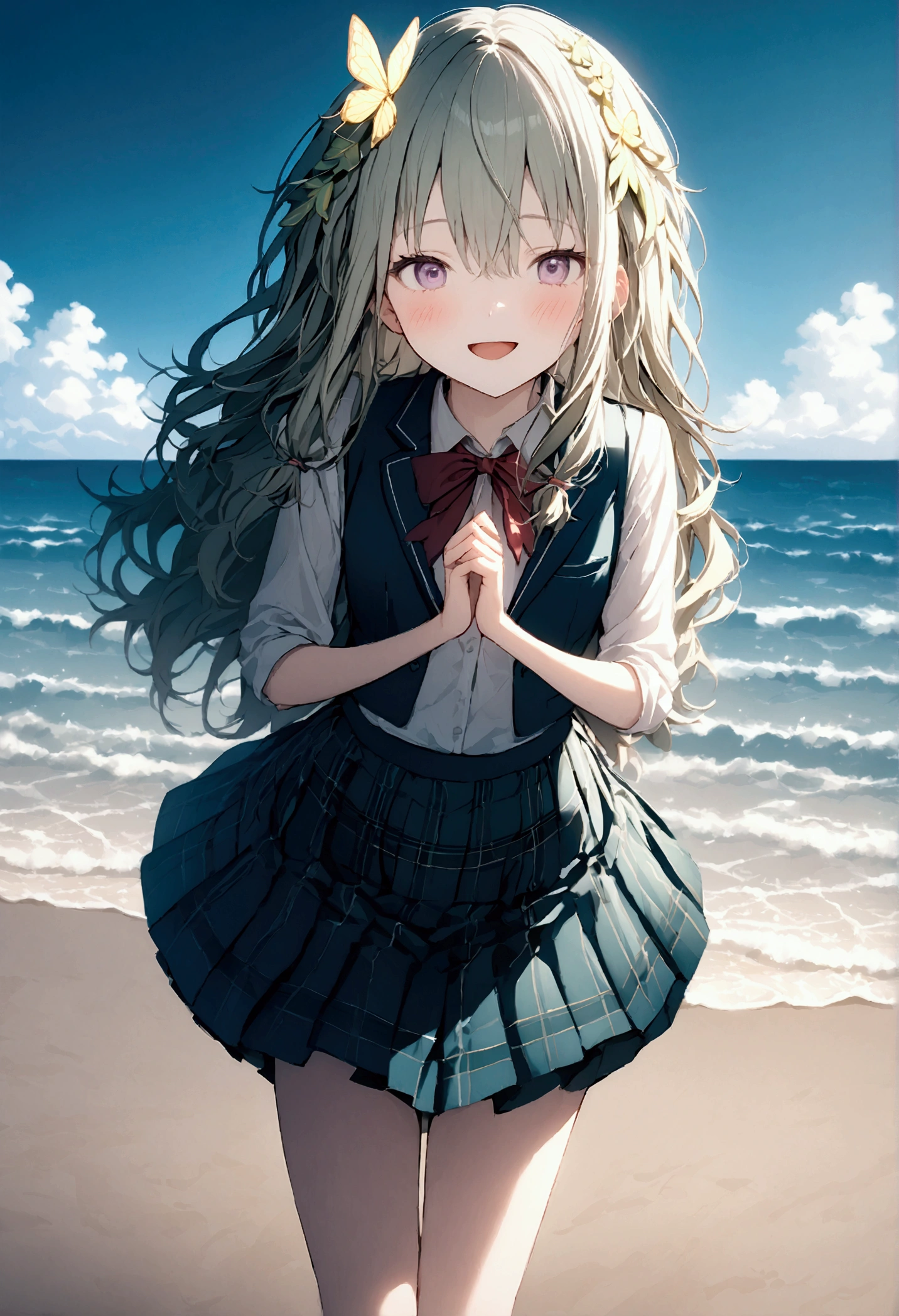 High image quality 、masterpiece、 High Quality  、Full HD、4K 、Depict only one girl、Kusanagi Nin々、Green long hair 、Yellow butterfly hair ornament、 purple eyes、slim、 high school uniform 、 smile、Blushing cheeks、  put both hands forward、Red  on cheeks、 flat chest、Stretch your legs and show me 、 wearing black loafers、 skirt swings 、An empty beach、Dancing alone、 open your mouth、Singing、blue sky、Blue Sea