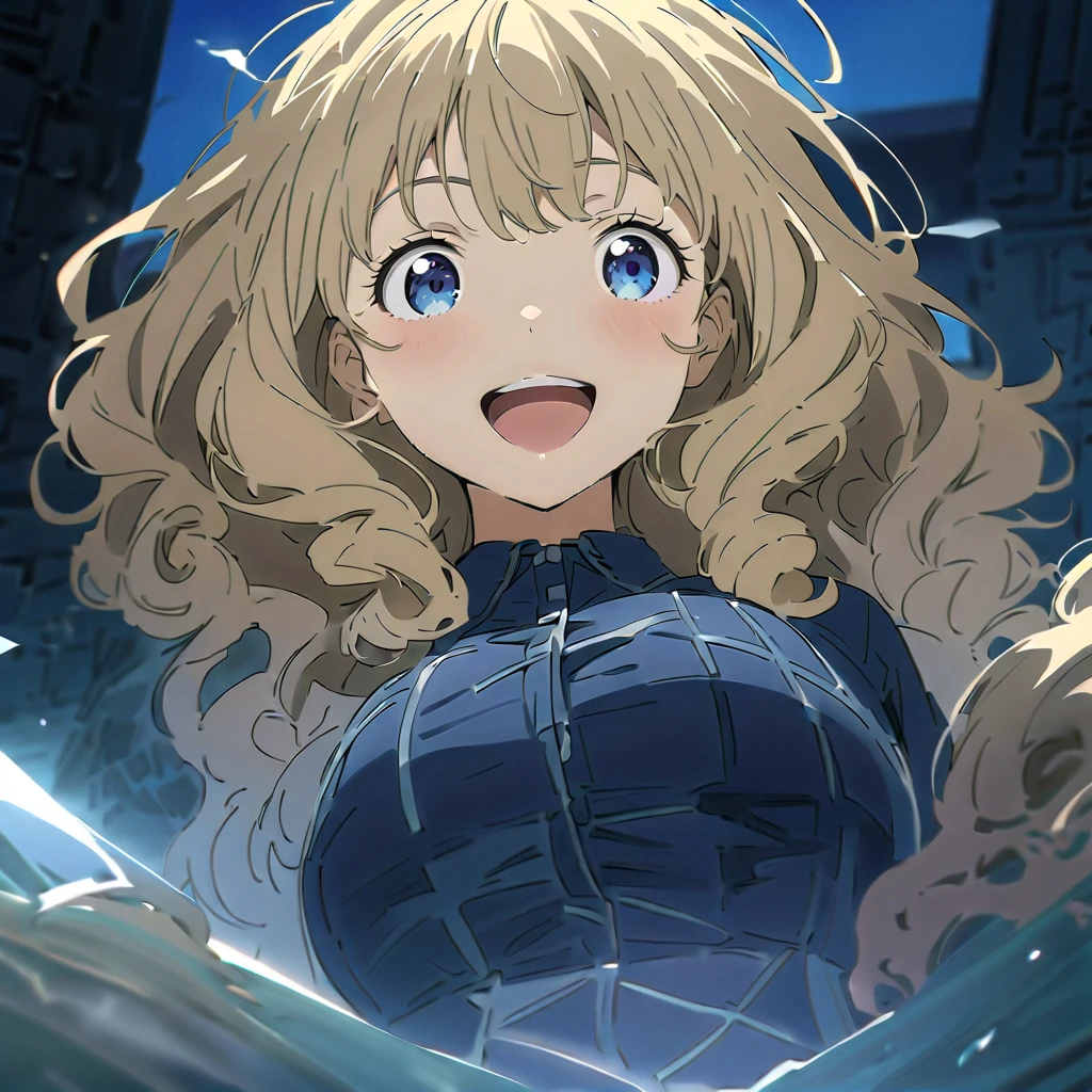 (((masterpiece))),(((Best Quality))),((( Extremely detailed))),  1 girl, Alone, Yanami_Anna (Make-in), Big Breasts,  dark blue eyes, Blonde, Thick Hair, curly hair, Double Exposure, smile,  excited ,