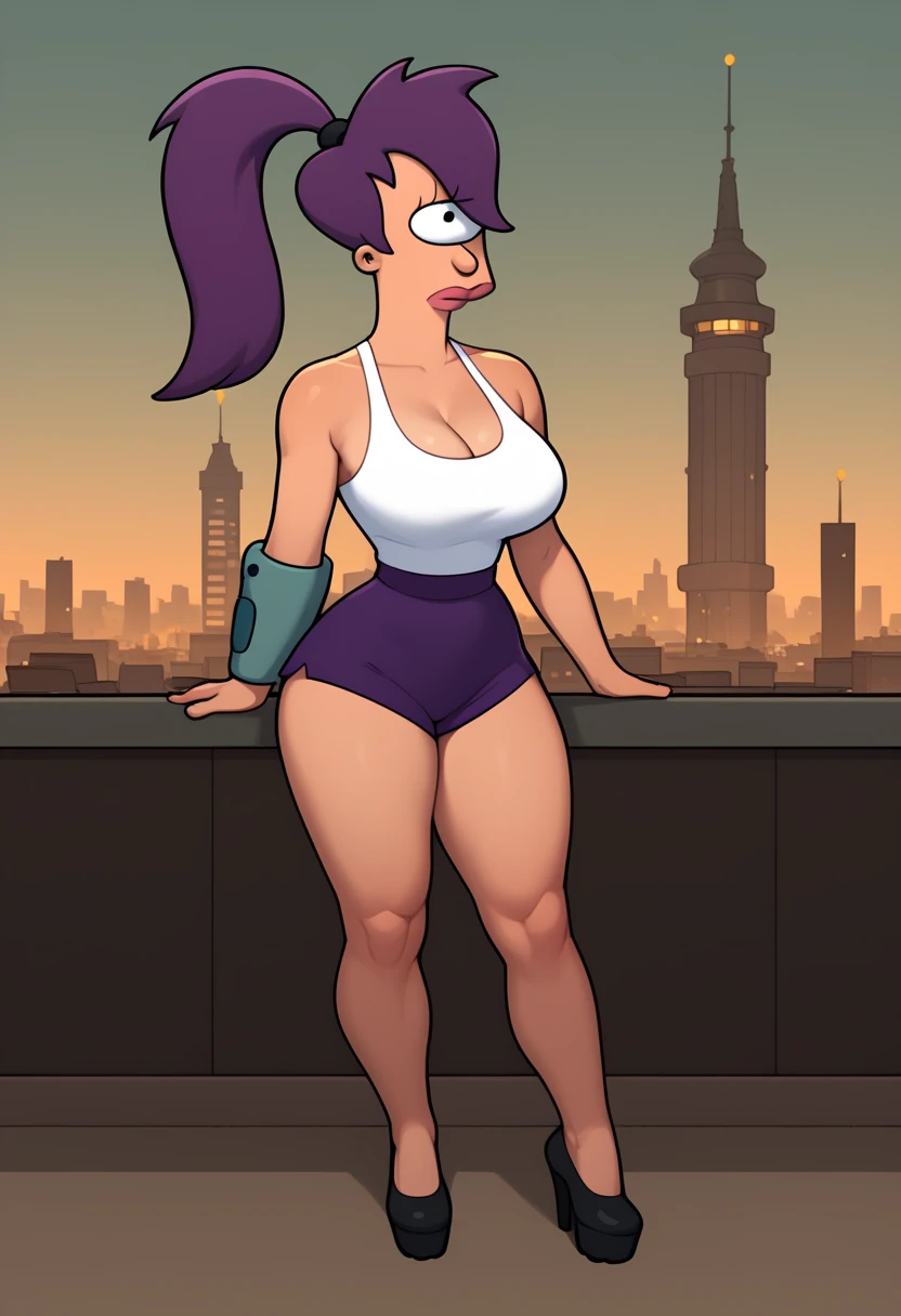 Turanga Leela from futurama, ciclops, one eye in head, girl, human race, one eyed girl, purple ponytail hair, large breast, thick thighs, city background, full body photo,