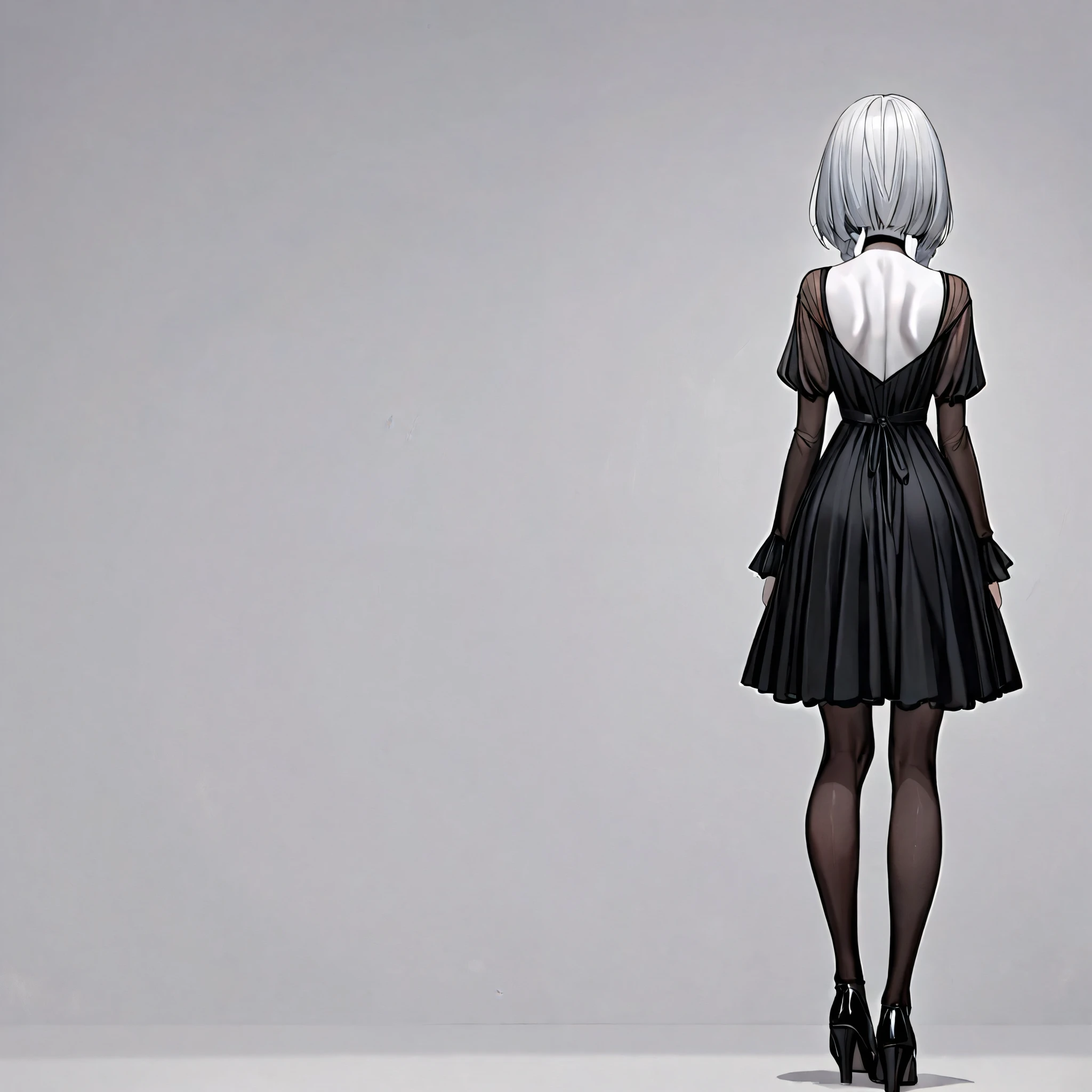 masterpiece, best quality, 8k, highres, ultra-detailed, HDR, UHD, 1girl,full body,((back shot,back view)),Transparent white skin,silver hair color, side bang hair, layered bob hair, braid, black dress,((perfect white background))