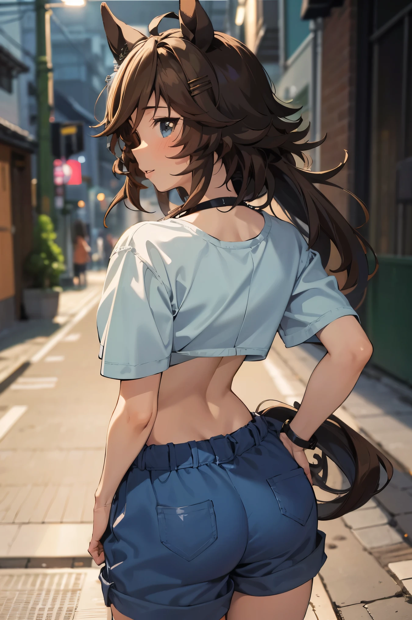 NSFW,masterpiece,Best Quality, Hi-Res, very detailed,mr. c.b. \(Uma Musume\),blush, off-shoulder , Crop Top , shorts, low rise pants ,Heeled Sandals,Nightlife,Back Alley,Seduce