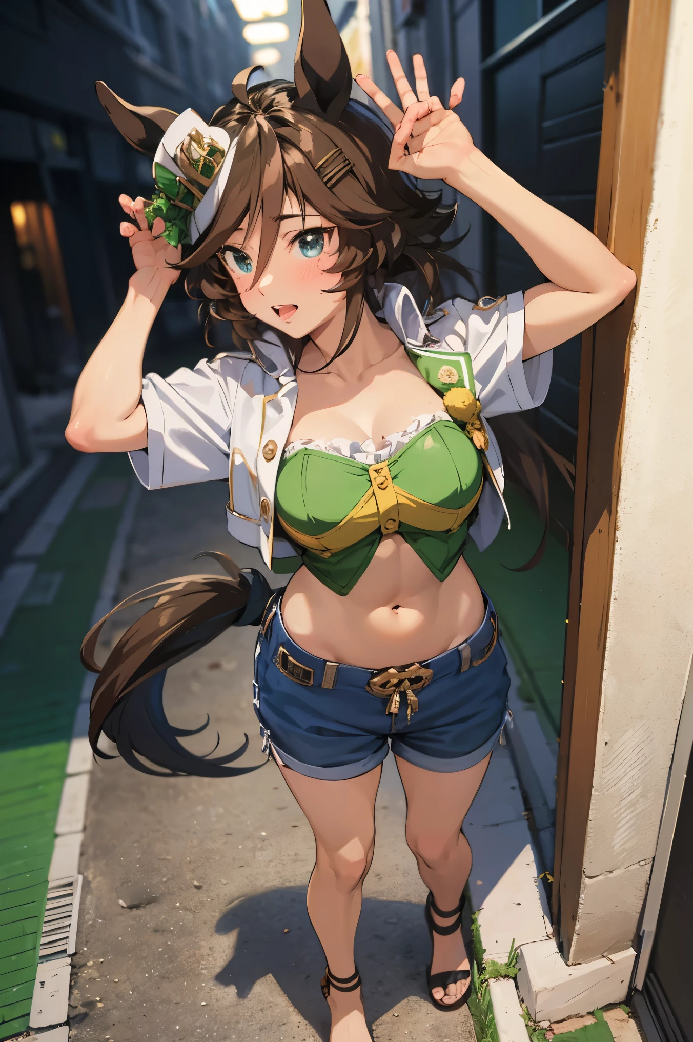 NSFW,masterpiece,Best Quality, Hi-Res, very detailed,mr. c.b. \(Uma Musume\),blush, off-shoulder , Crop Top , shorts, low rise pants ,Heeled Sandals,Nightlife,Back Alley,Seduce