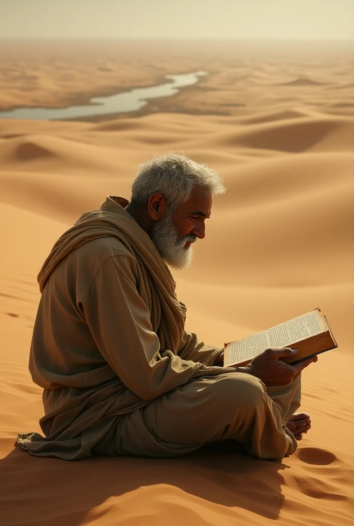 Arabic old man studying on his palace on the desert at night with a sky full of stars