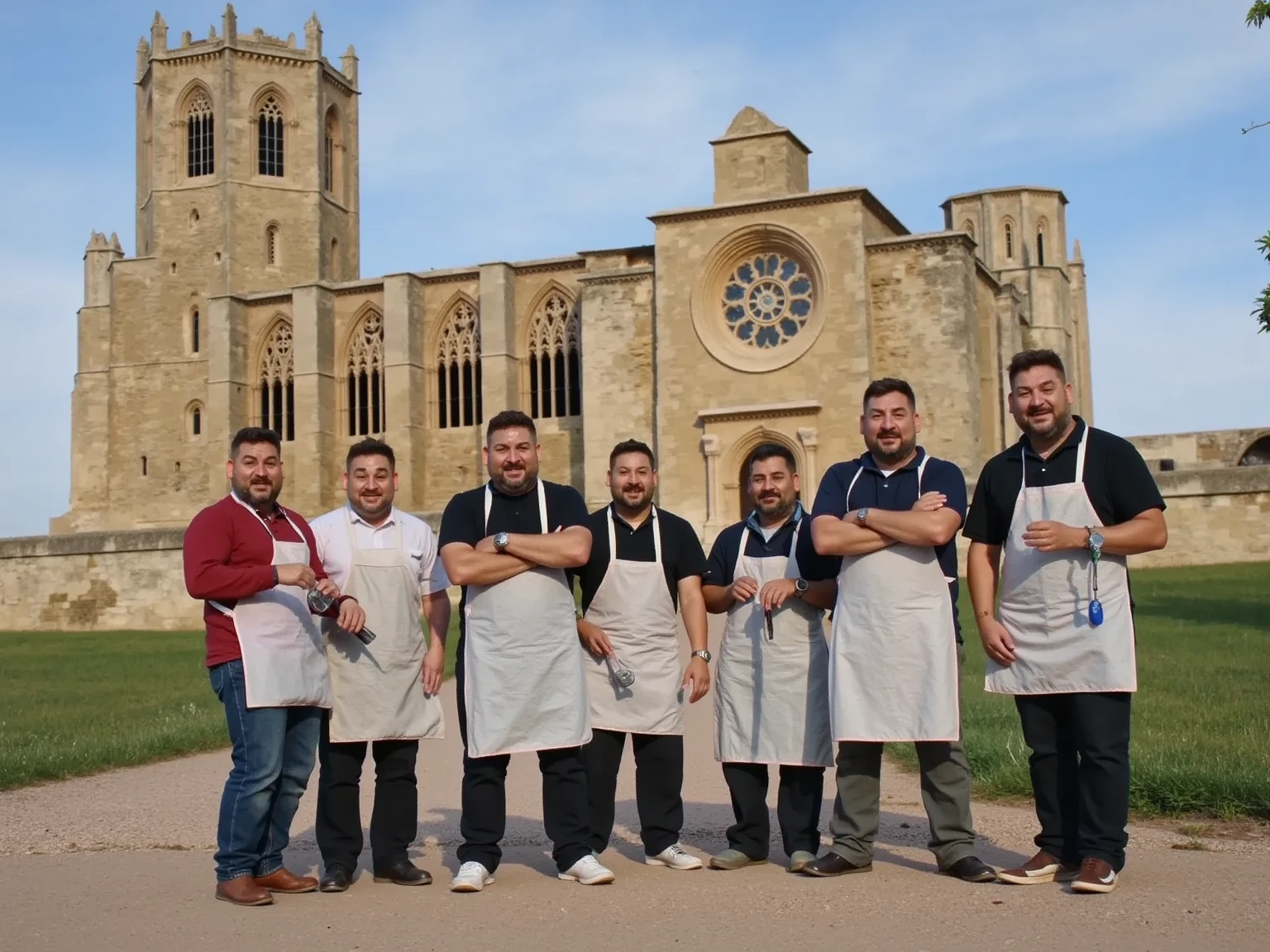 A highly detailed, cinematic image of a group of men in front of the Seu Vella Cathedral, all wearing bibs and holding giant forks. At the forefront, one man stands with crossed arms, smiling at the camera, positioned as the focal point. The scene captures the rich architecture of the cathedral, the realistic details on the forks and bibs, and a dynamic composition with immersive lighting and textures.
