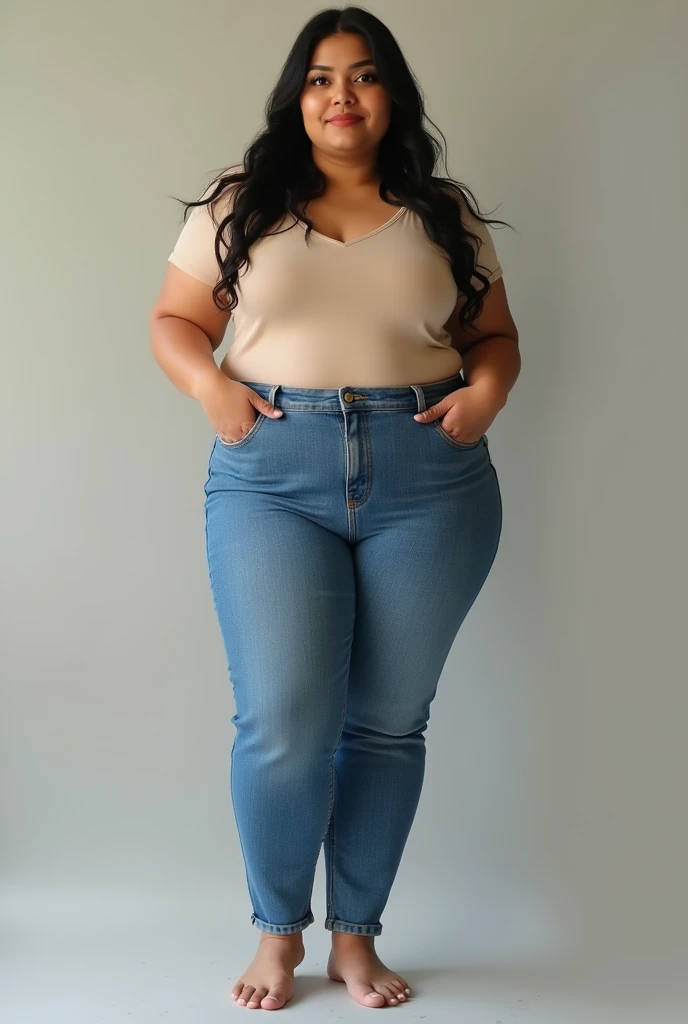 Smiling fat woman ((best quality)), Wearing a high-necked red lace shirt and blue jeans,Thin waist and thick hips, Widest hips, Soft curves, Wide hips, Long legs,Beautiful plump woman, Beautiful curvy women,(White and tender skin:),High quality background, HD, Skin as white as paper,office