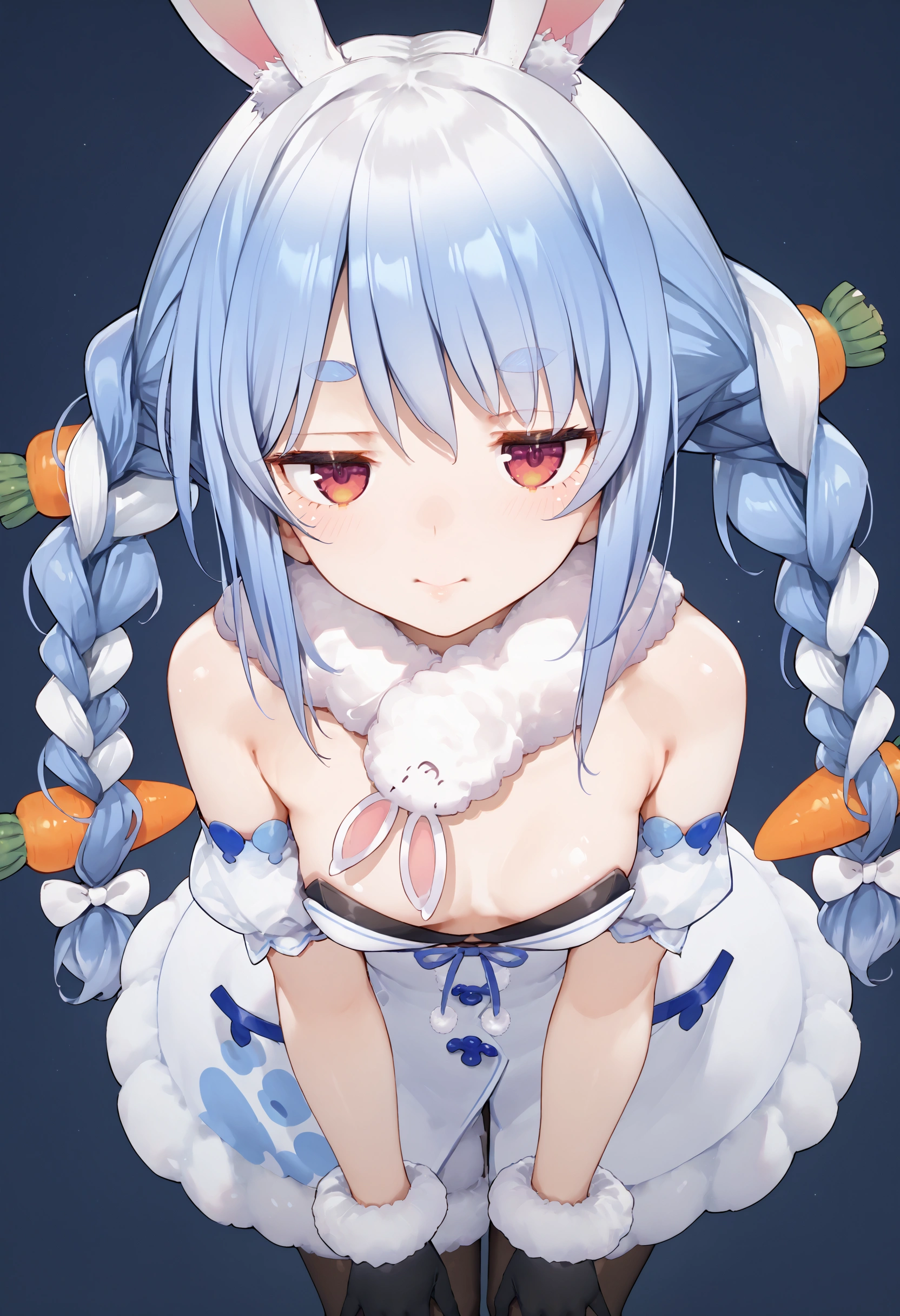 score_9_up, score_8_up, score_7_up,source_anime, pekochan_nml,1girl,animal ears,long hair,rabbit ears,gloves,pantyhose,carrot hair ornament,blue hair,hair ornament,food-themed hair ornament,twin braids,animal ear fluff,black gloves,braid,white hair,bent over,face focus