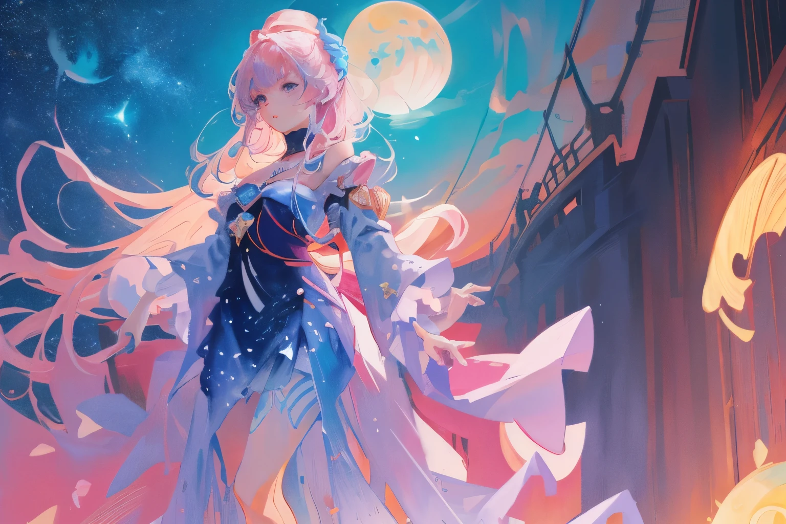 A highly condensed beauty dressed in a painting of stars and moons in the river and sky, concept art inspired by Tosa Mitsuoki, pixiv competition winner, best quality, fantasy art, beautiful anime scenes, a round of bright moon, starry sky environment in the moonlight, dream painting, anime background art, dream landscape art, fantastic night, anime background, background artwork, fantastic art, atmospheric anime, starry sky, detail enhancement.  