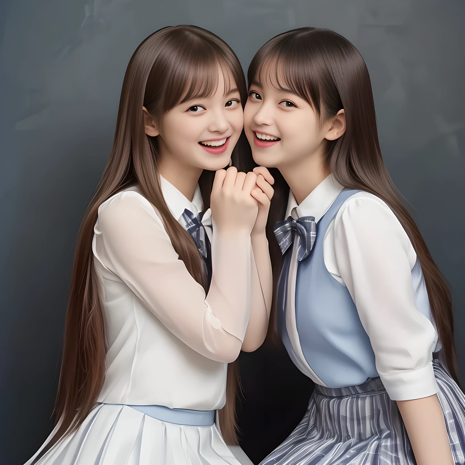 (Highest quality, masterpiece:1.2), Highest quality, High resolution, 1080P, 8k, height: 158cm, (Two yo Japanese beautiful girl idols are seated and kissing on hands together, facing each other, cute skirt with beautiful knees, looking at the viewer, can't stop showing cute smile open mouth because of feeling too funny about the viewer, very white-white face, very proud of her long straight black hair, using face-whitening cosmetics, 13irl's prominent eyes, opened laughing giggling most open mouth, too expensive luxurious glossy too-much-girly erotic frilled ivory silk blouse, woolen navy-checkered large-box-pleats school-skirt and bewitching ribbon on the breast, well-straitened super-super-long well-trimmed long hair, evenly neatly trimmed girly cute bangs: 1.5), (white thighs and knees: 1.7), (Well-balanced, impressive, lovely, drooping, double-eyelids, black shining large prominent eyes of 13yo il with detailed: 1.5), ((Beautiful well-figured glossy opened laughing lips: 1.2)), (mature breast), (The viewer can't stop kissing them because of her beauty and subliminal strong invitation), (Very beautiful, super-glossy, cute neat black amazingly long hair, straight well-done long hair-style: 1.3), (plain blue background: 1.6), (Best style like a 14yo fason model, mature breast), (((Completely balanced beautiful big big eyes, looking at me))), (eyes, face and hair are especially beautifully detailed and beautifully drawn: 1.5), (Satisfactory best shot by professional famous photographer for school girl's beauty: 1.5), (The soft white light clearly shows her face extremely white: 1.2), (Feel too luxurious and expensive, girly frilled), (School uniform, too-cute slender 13yo super-long-hair Japanese beautiful-young-girl idol twins, Super long hair 13yo super-beautiful super-cute 13yo idol of pure girls photo magazine in Japan are laughing and licking the other's hand each other with super-wide open open laughing mouth like eating the viewer: 2.0)