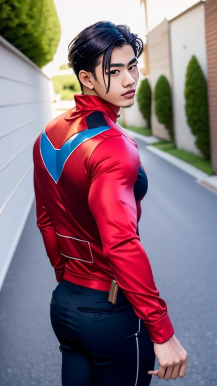 (Best quality), (Best quality), (Best quality), (Overall view) Back alley, 18 years old beautiful Japanese young man with a cool and handsome face, Nightwing suit, 18 years old, slender macho man, long hair, long bangs, plump lips,