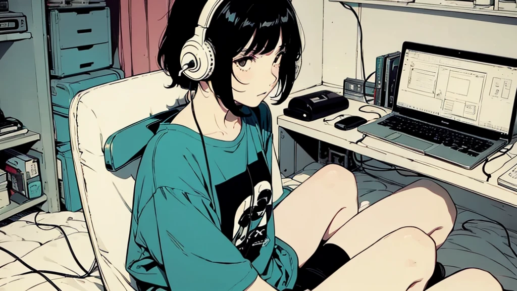 1 girl, 80s anime style, I have headphones on, coffee, Retro, Lo-Fi,A stylish room filled with records, Wearing a short-sleeved T-shirt、