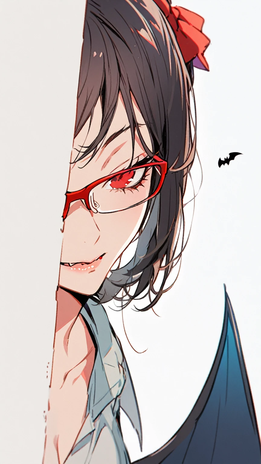  1 girl, black hair, Glasses,vampire,Bat Wing