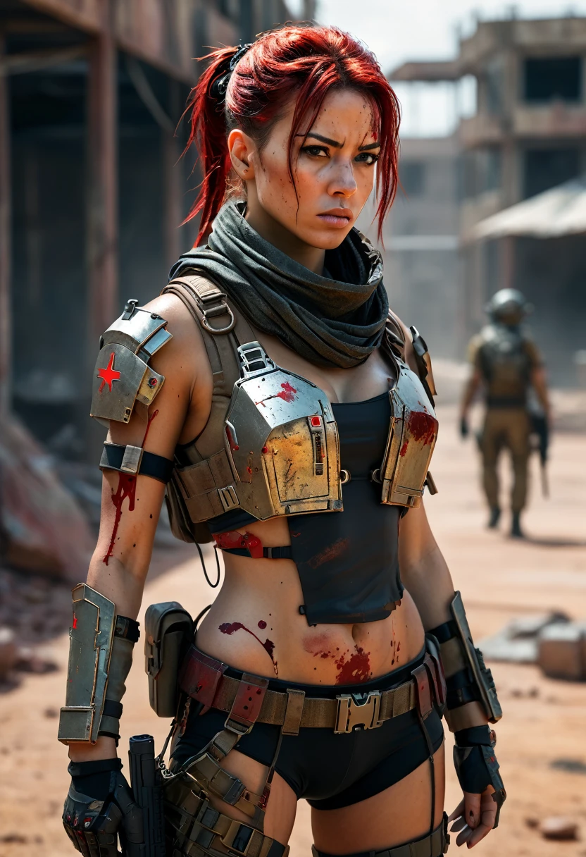 Halo game, skinny, female spartan, no helmet, NSFW, extremely damaged, explosive damage, exposed skin, cuts, blood, perky nipples, skinny body, pitite, dark red hair, messy bun hairstyle