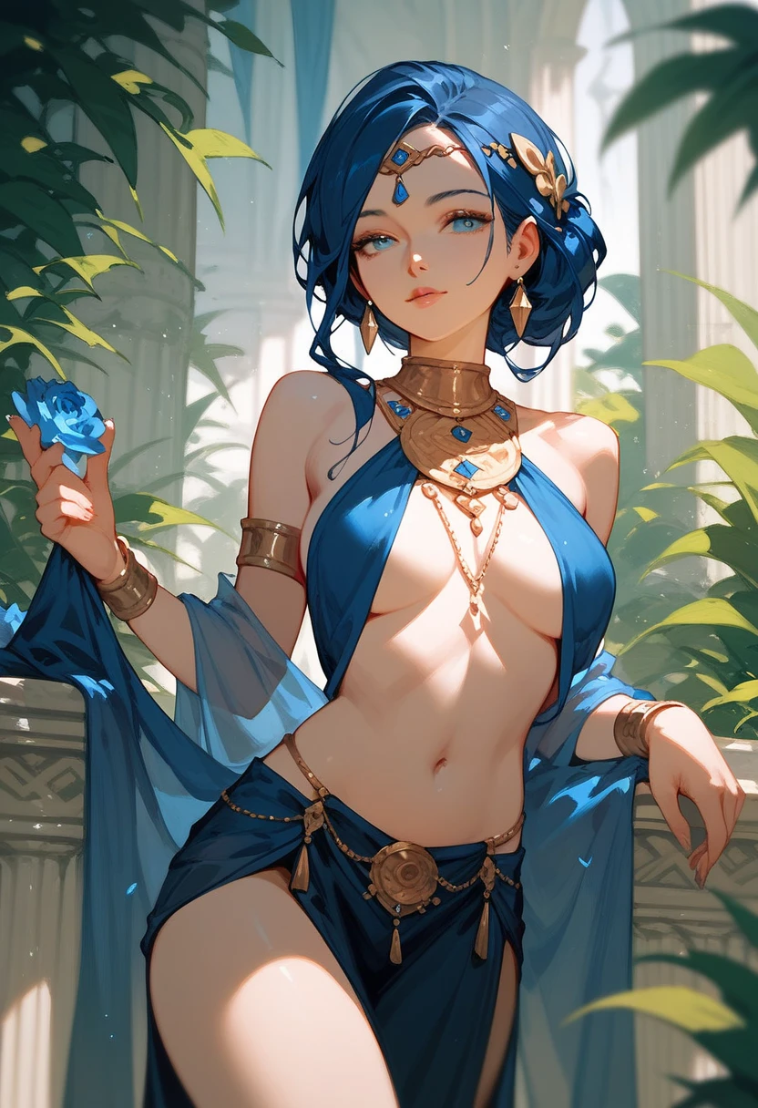 flat chests, nsfw, masterpiece, 1 girl, erect nipples, intricately detailed, topless, navel, bare shoulders, necklace, blue hair, embarrassed, loincloth, sea, rock, gold trimmings, gold circlet, lake, blue sky, extremely detailed, photorealistic, octane render, 8 k, unreal engine, bare breasts, , closed eyes, carrying staff, blue gemstone, fantasy, enchanted, trident, magical, mage, bare stomach, sweaty, moist breath, child, arm strap, 1 side braid, in water, submerged, atlantis, gold crown