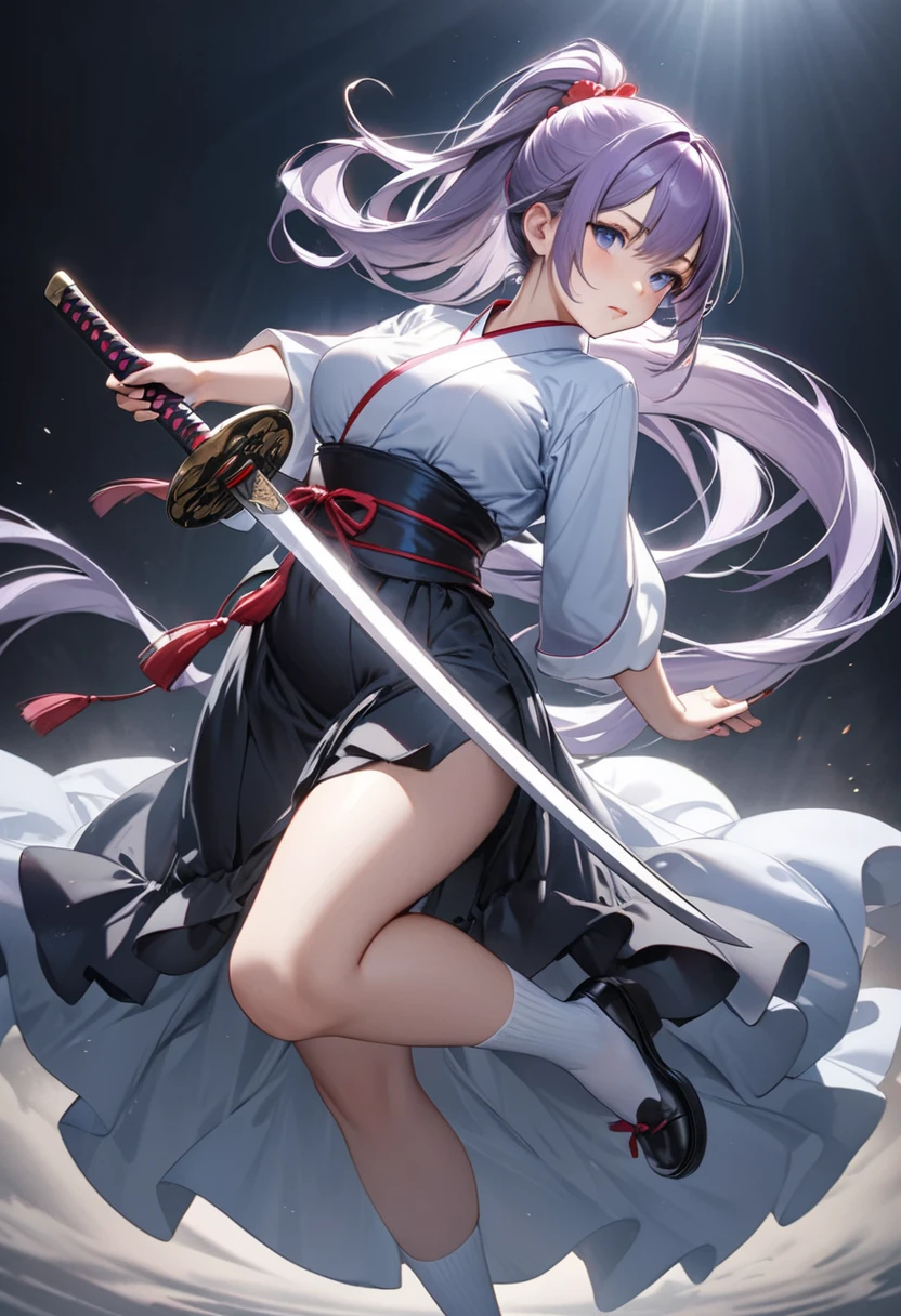 A 20-year-old female character in a flashy haori, mini hakama, knee-high boots, with long ponytail hair, holding a flaming sword, in the style of Japanese anime.
