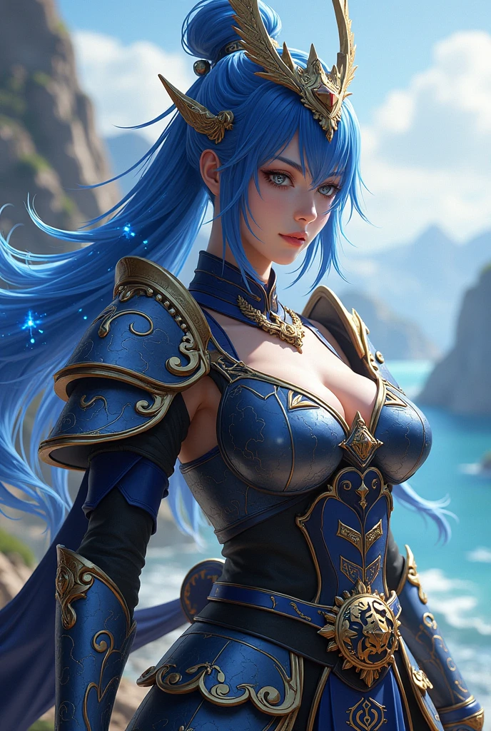 The female Warrior viscount (small breasts, dark blue hair), masterpiece, best quality, (extremely detailed unity 8k CG wallpaper), (best quality), (best illustration), (best shadow), absurdities, realistic lighting, (Abyss), beautiful detailed brightness,