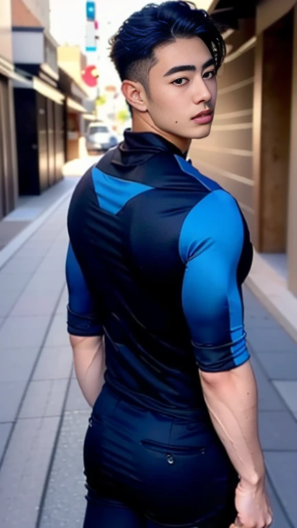 (Best quality), (Best quality), (Best quality), (Overall view) Back alley, 18 years old beautiful Japanese young man with a cool and handsome face, Nightwing suit, 18 years old, slender macho man, long hair, long bangs, plump lips,