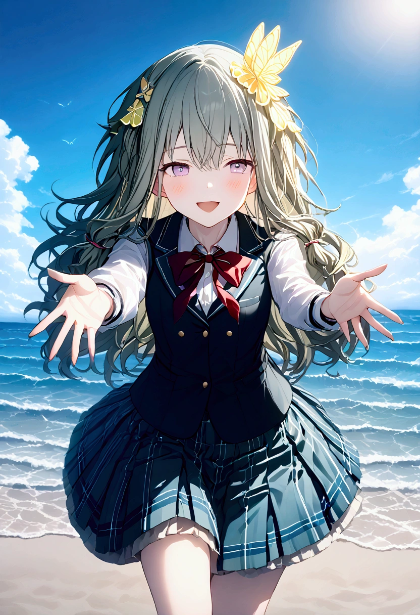 High image quality 、masterpiece、 High Quality  、Full HD、4K 、Depict only one girl、Kusanagi Nin々、Green long hair 、Yellow butterfly hair ornament、 purple eyes、slim、 high school uniform 、 smile、Blushing cheeks、Red  on cheeks、 flat chest、Stretch your legs and show me 、 wearing black loafers、 skirt swings 、An empty beach、 open your mouth、Singing、blue sky、Blue Sea