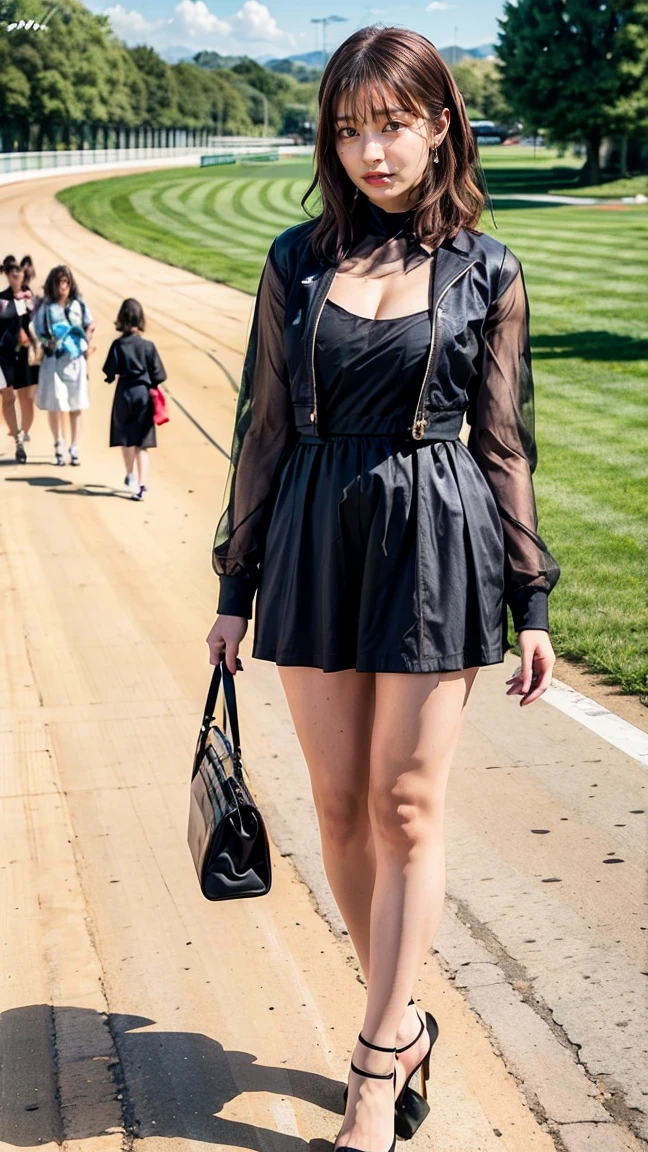 A sexy woman with big breasts wearing a black dress with braided hair wearing sneakers wearing a yellow hooded jacket walking on an avenue