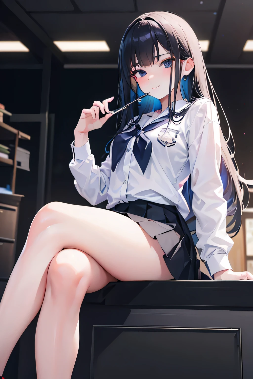 (bedroom, A desk full of computers, 푹신한 chair, hacker:1.5), chair, (chair에 앉아 있는:1.5), window, (morning, sunlight:1.5), (Beautiful shades:1.5), (dynamic angle:1.5), [ 4k digital art ]!!,(big bust, prominent cleavage:1.5), (Black eyes with a slight purple tint:1.5), (a devastated expression, dead eyes, dark atmosphere:1.5), (white hair, long hair, weak perm:1.5), (oversized shirt, hot pants, :1.5), (bare foot, round-rimmed glasses:1.5), (Aegyo belly fat, Folded belly:1.5), (smiling faintly:1.5),(thin legs, thin:1.5)