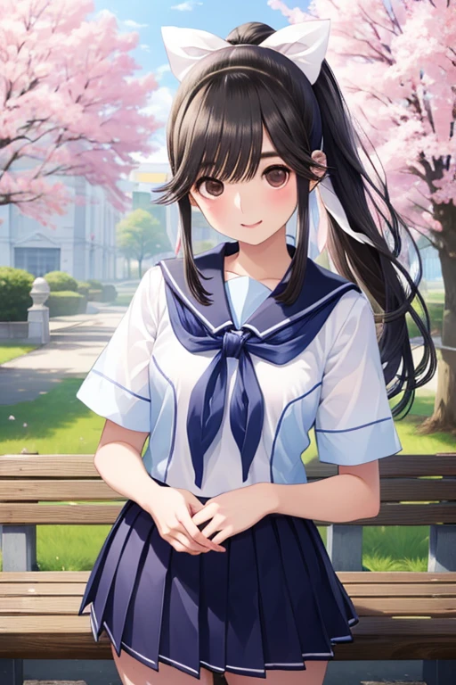 Takane Manaka、 Shiny brown long hair、White ribbon ponytail, beautiful brown eyed middle school students 、smile、Sparkling Eyes, (fine grain)、 very detailed eyes、 very detailed face ,  very detailed eyes, masterpiece, Best Quality,  Hi-Res, (Best Quality,masterpiece:1.2),Alone,Alone、


 short sleeved white sailor suit 、 navy blue mini pleated skirt 、 very short miniskirt 、Bare thighs、

 1 person, , cherry blossoms, Upper body description, フレンドリーなsmile,  kissing while staring at the audience ,  Upward Glance  , 8k,