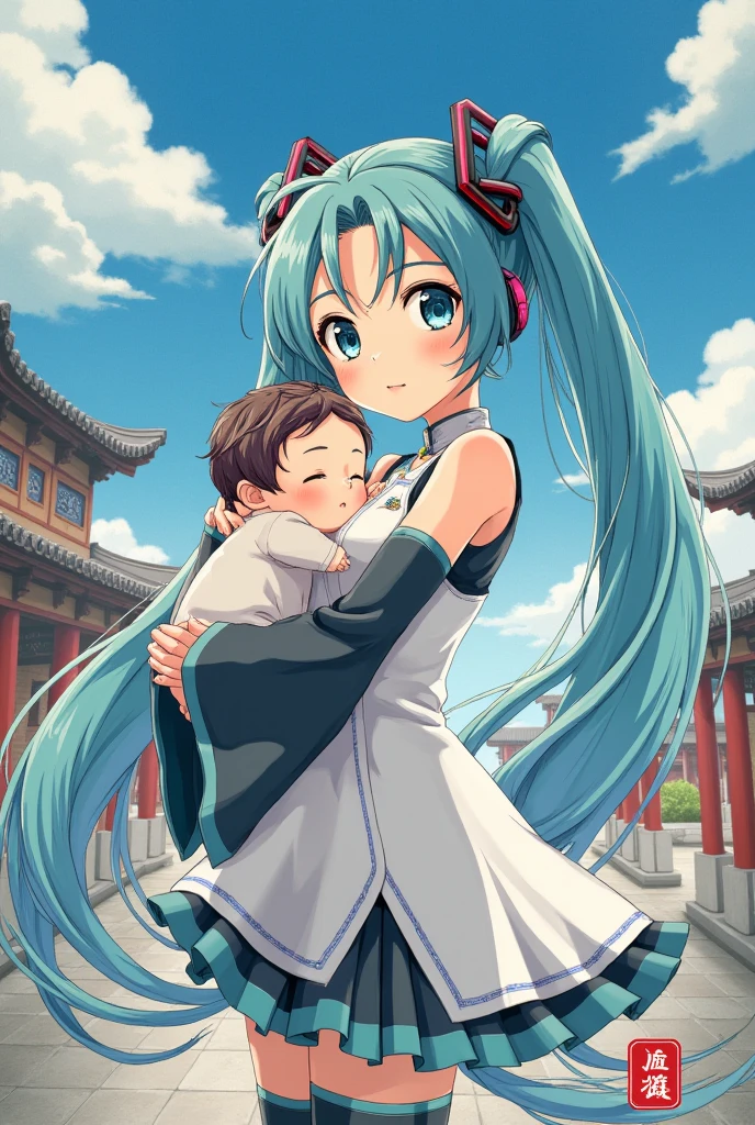 (masterpiece、Best Quality、Best Quality、 OFFICIAL ART、 beautiful and beautiful :1.2)、( one girl :1.3) Hatsune Miku、 twin tails, Beautiful breasts,{{masterpiece, Best Quality,  extremely detailed CG,  Unity 8K Wallpaper,  Movie Lighting}}, Traditional Chinese ink painting ,  1 girl, 1 ,  young woman holding a babyole body, Ancient architecture,  blue sky, Sunny Day, wooden building,  Famous protagonists, smile, Big Eyes, beautiful detailed eyes, (Big Breasts,  clevis), Round ass,  watching the audience,  Long eyelashes,