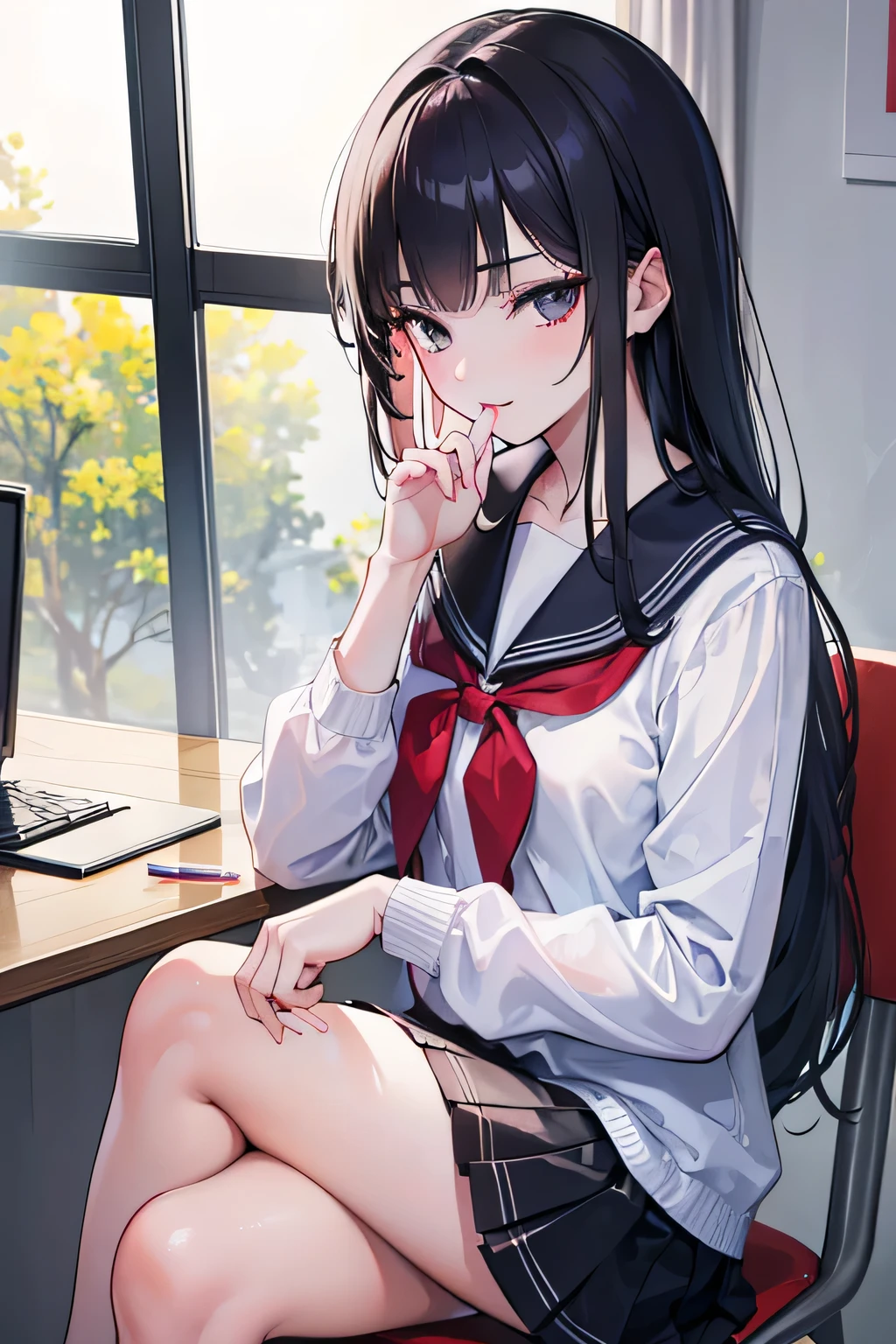 2.5-Dimensional,bit girl, , small, female student, 校服, Superskirt, People who don't wear underwear, lying on the table, Undress, Small under breasts,There is a mole under the neck,Small bottom, Classroom, ssmile, Stas, Volumetriclighting, rays of sunshine, bright,nipple play