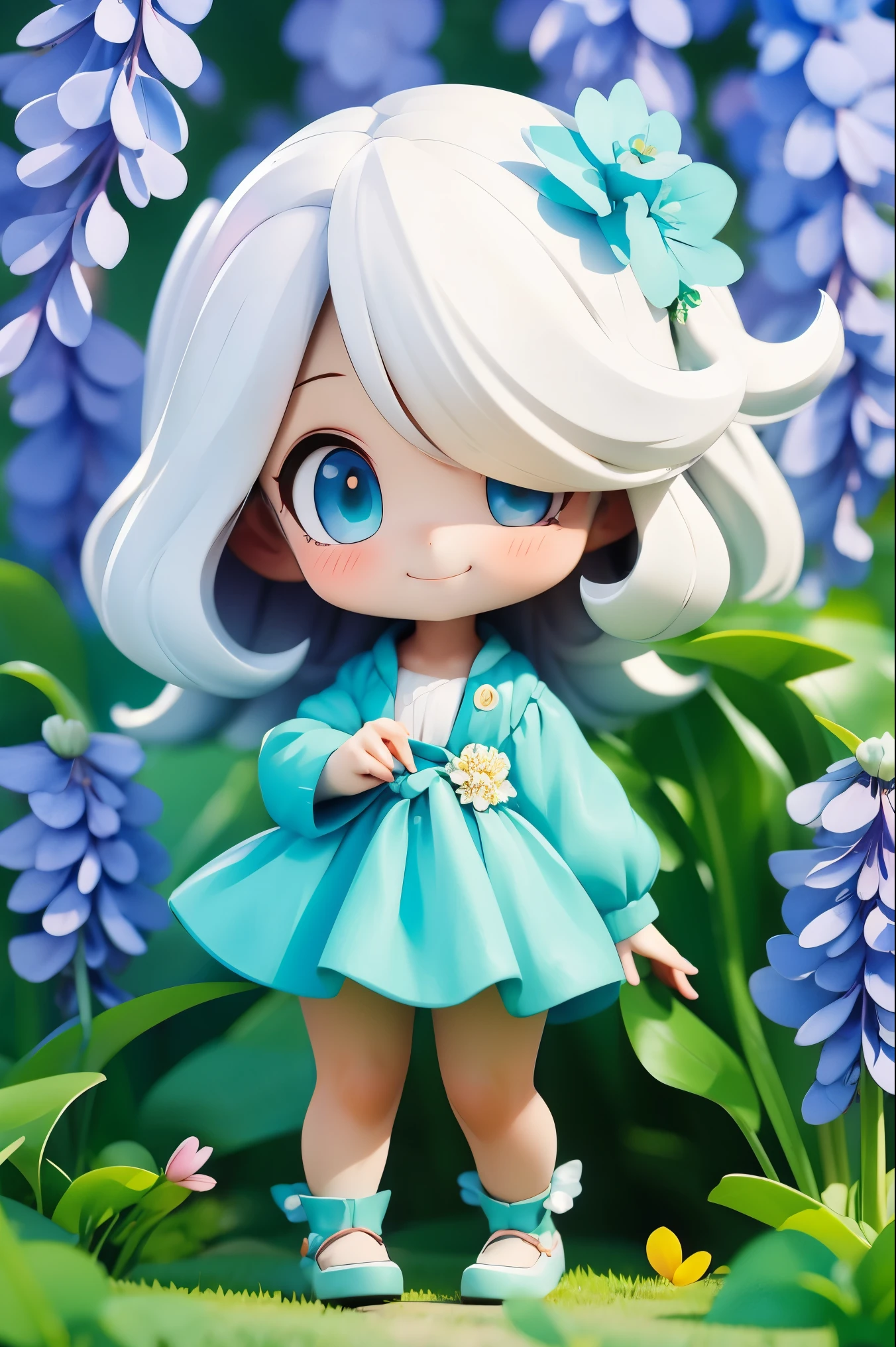 1girl,standing,white_hair,bluejoucho,hair over one eye, cowboy shot,light smile, nemophila \(flower\), anemone \(flower\), wisteria, garden, hand on own chest,