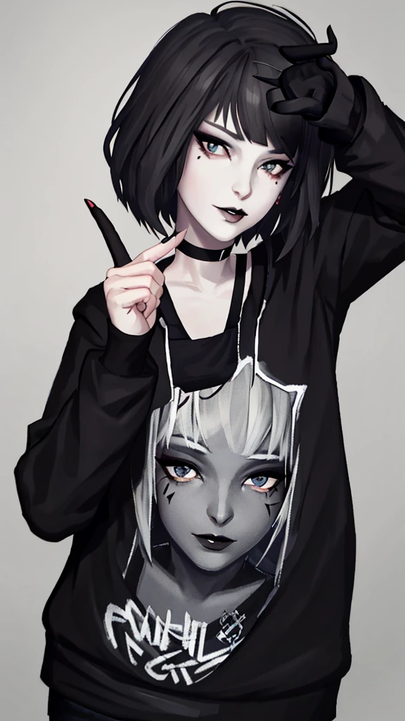 Maxine Caufield, 1-person,, black lipstick, eyeliner, eye shadow, mascara, smoky eyes, black lips, natural lighting, black lips, sweatshirt, sweetheart, 1 face, middle finger gesture, peace sign gesture, half-lidded eyes, selfie expression, mark jefferson, perverted