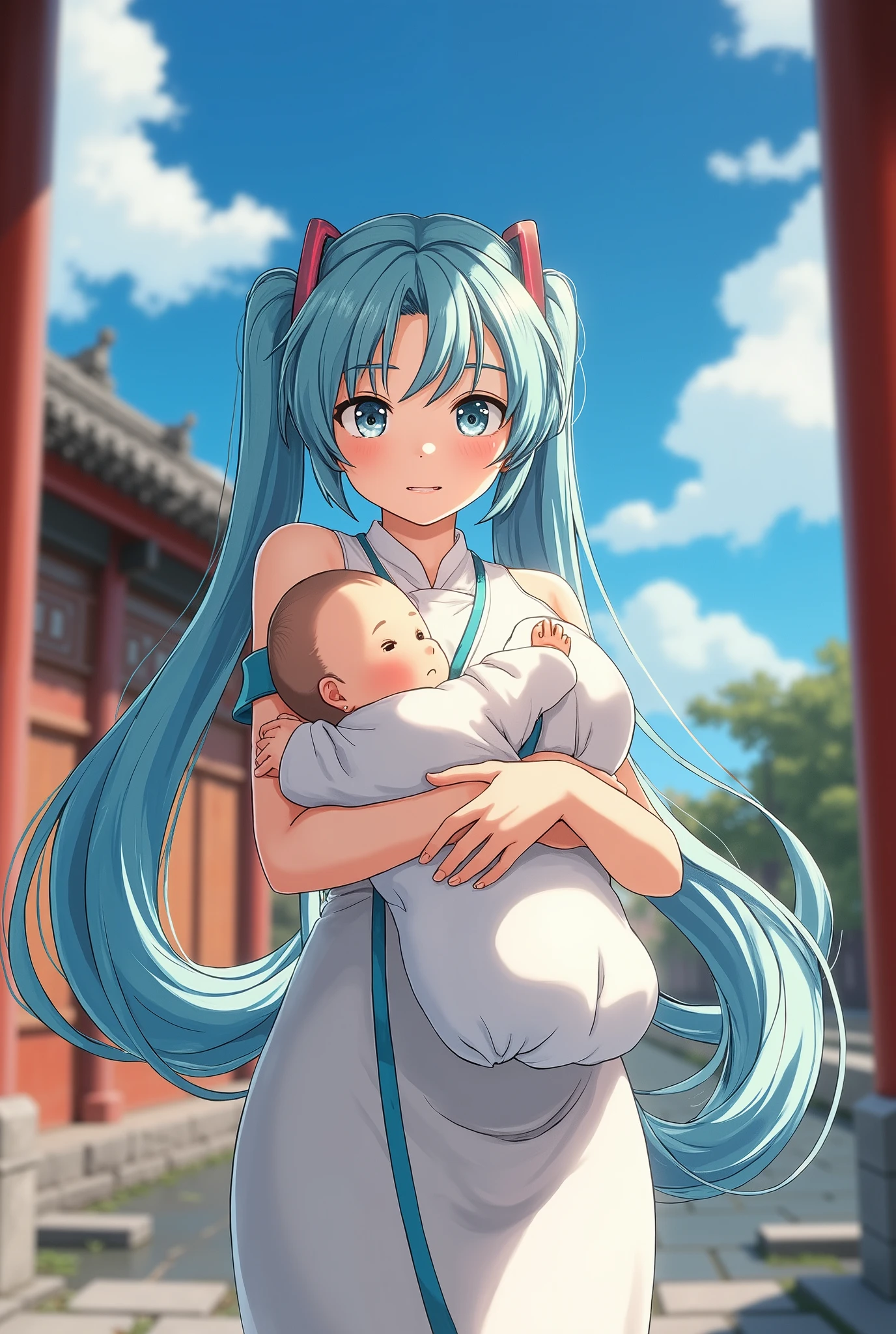 (masterpiece、Best Quality、Best Quality、 OFFICIAL ART、 beautiful and beautiful :1.2)、( one girl :1.3) Hatsune Miku、 twin tails, Beautiful breasts,{{masterpiece, Best Quality,  extremely detailed CG,  Unity 8K Wallpaper,  Movie Lighting}}, Traditional Chinese ink painting ,  1 girl, 1 Baby,  young woman holding a baby, whole body, Ancient architecture,  blue sky, Sunny Day, wooden building,  Famous protagonists, smile, Big Eyes, beautiful detailed eyes, (Big Breasts,  clevis), Round ass,  watching the audience,  Long eyelashes,