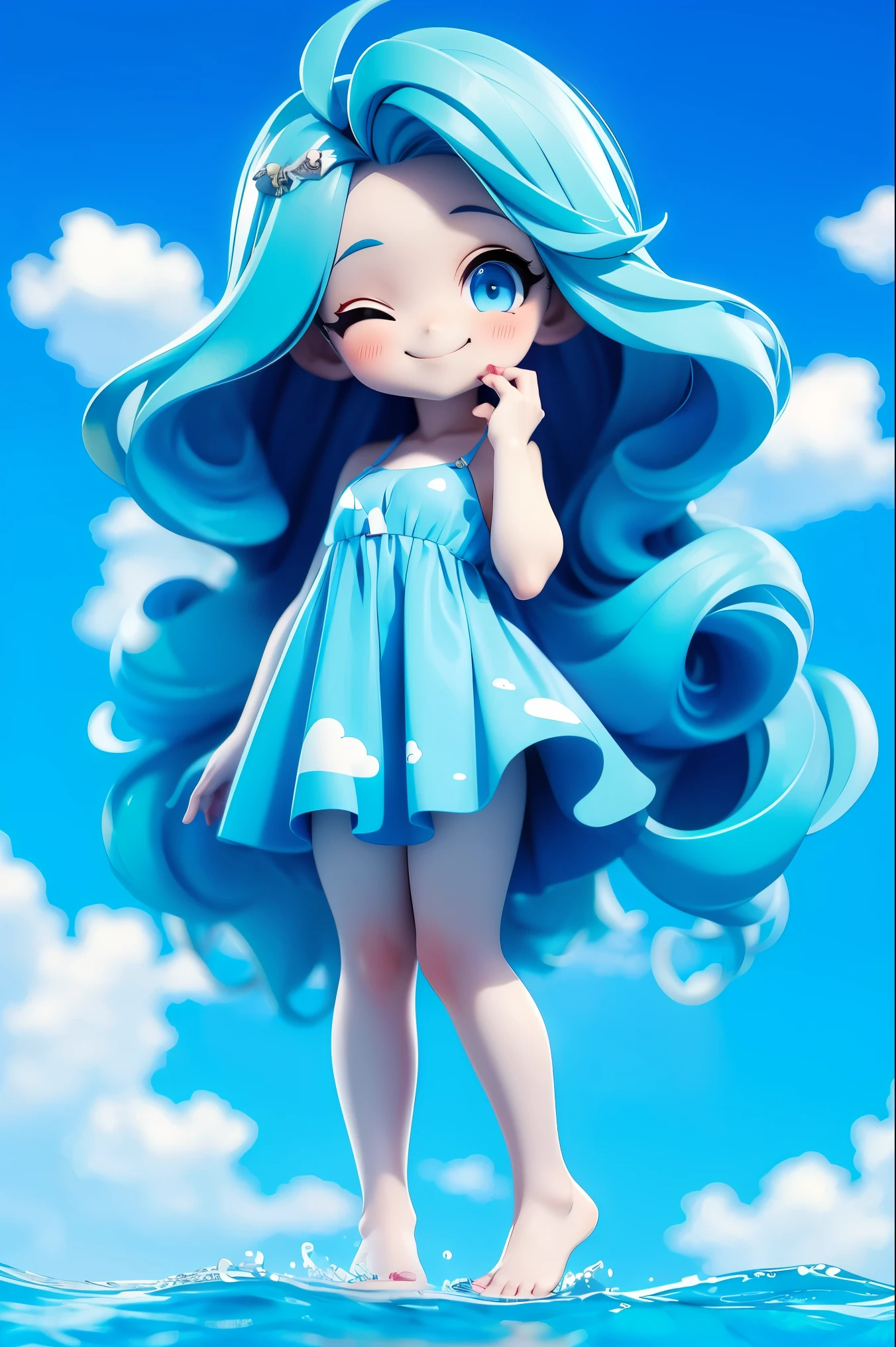 1girl, solo, ((liquid clothes)), liquid clothes, blue theme, 1girl, solo, long hair, dress, barefoot, blue hair, one eye closed, blue eyes, blue nails, nail polish, toenail polish, cloud, toenails, full body, very long hair, sky print, blue dress, standing, sleeveless, looking at viewer, smile